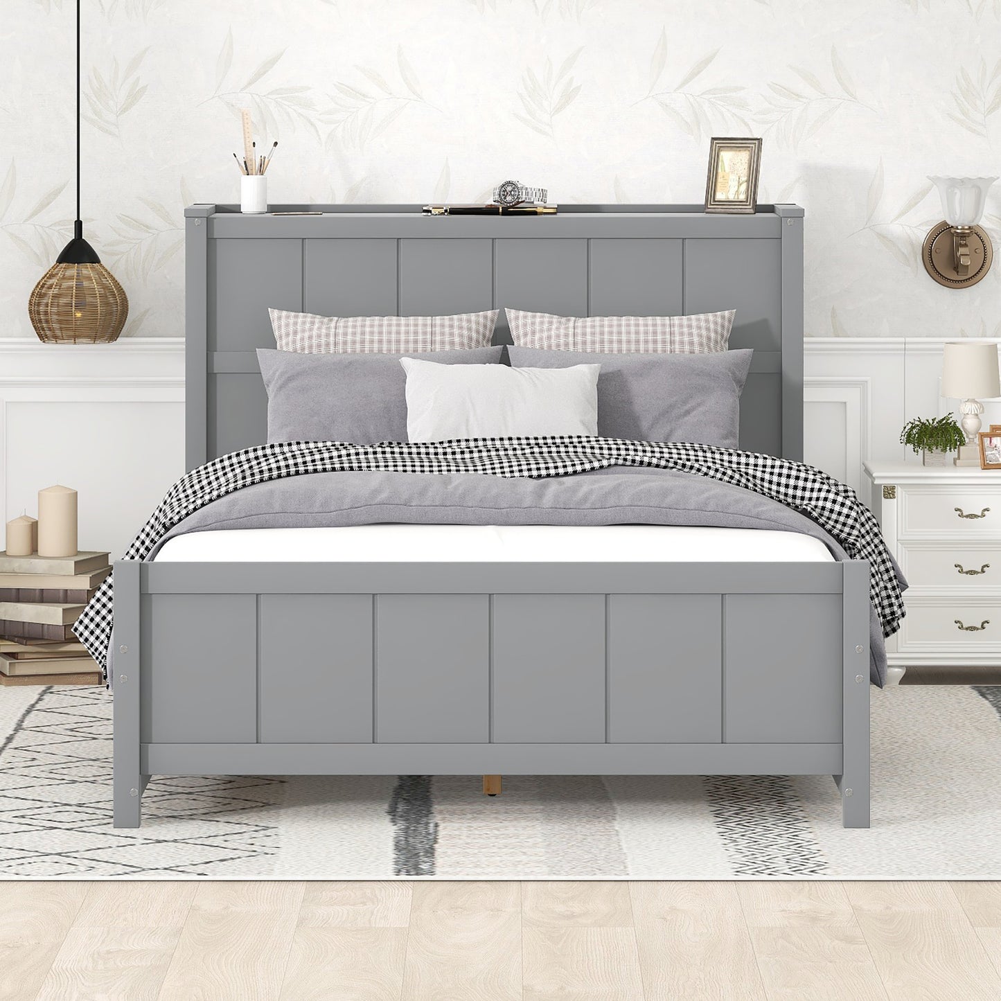 Full Size Platform Bed with Drawers and Storage Shelves, Gray