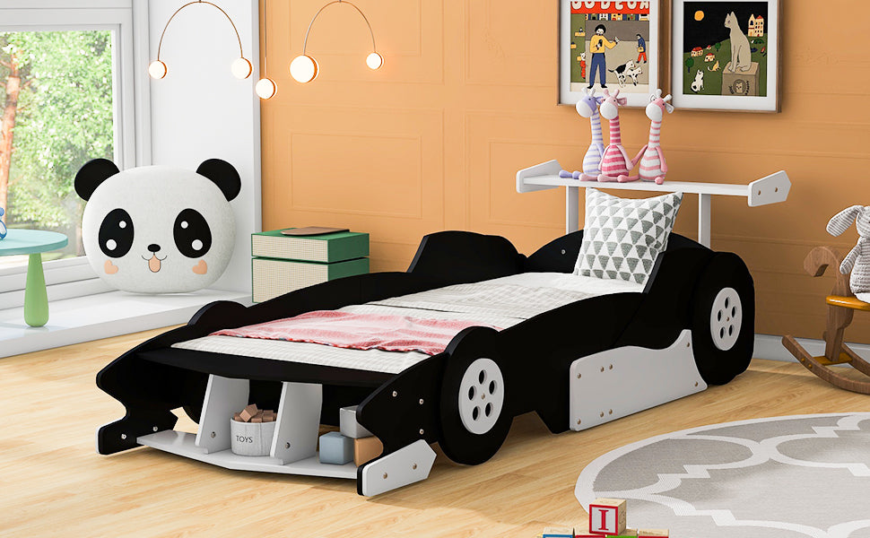 Twin Size Race Car-Shaped Platform Bed with Wheels,Black
