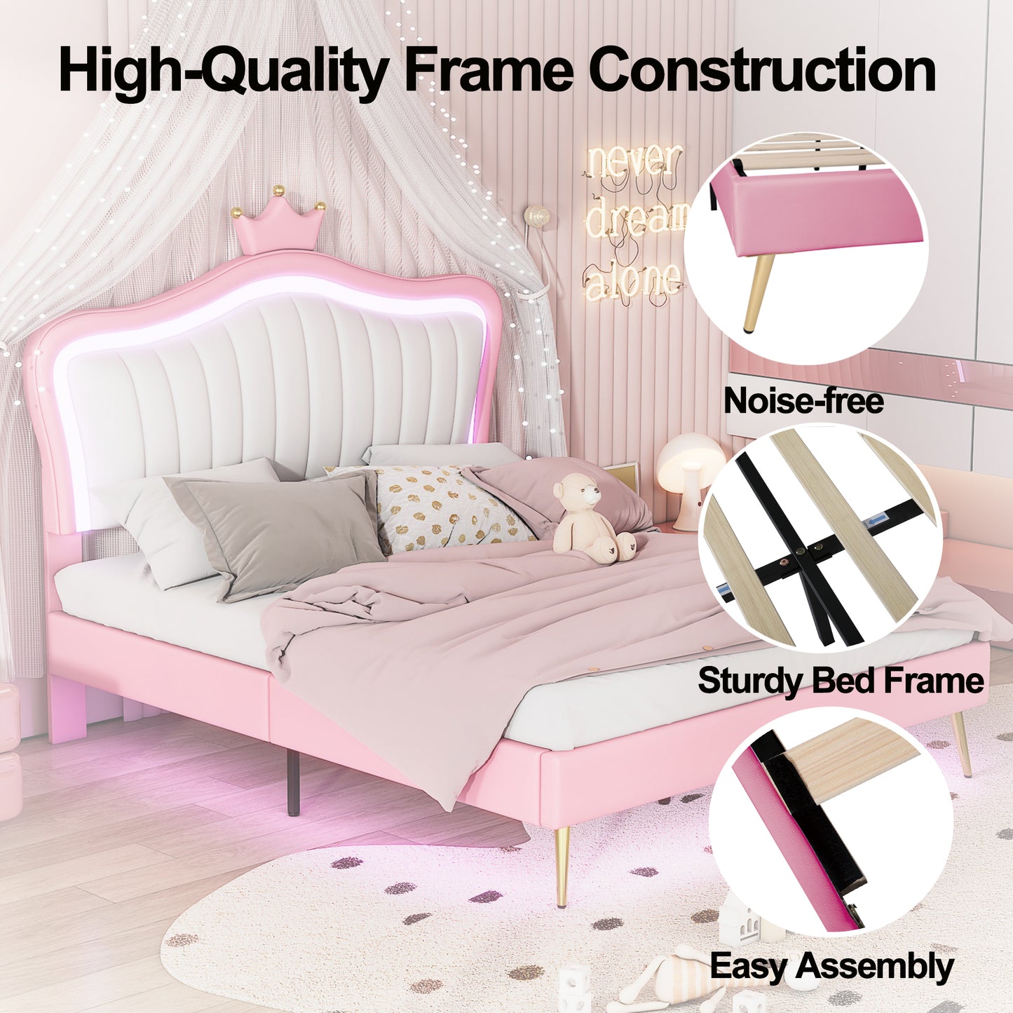 Queen Size Upholstered Platform Bed Frame with LED Lights, Princess Bed With Crown Headboard, White+Pink