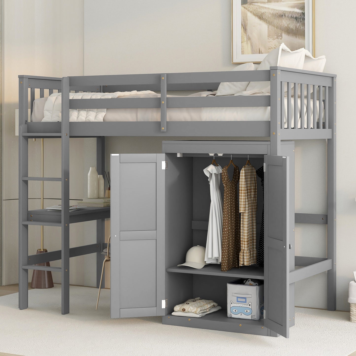 TWIN LOFT BED WITH DESK AND WARDROBE FOR GREY COLOR