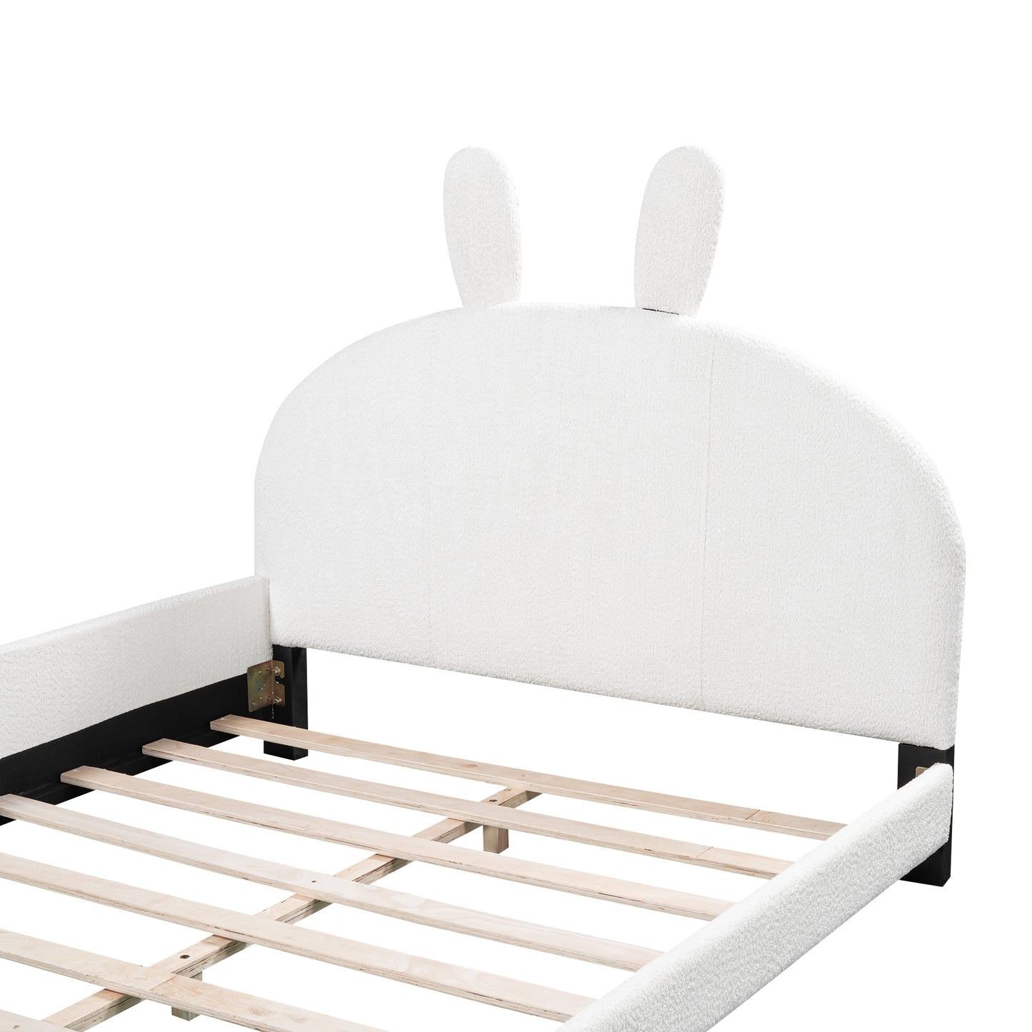 Full Size Upholstered Platform Bed with Cartoon Ears Shaped Headboard, White