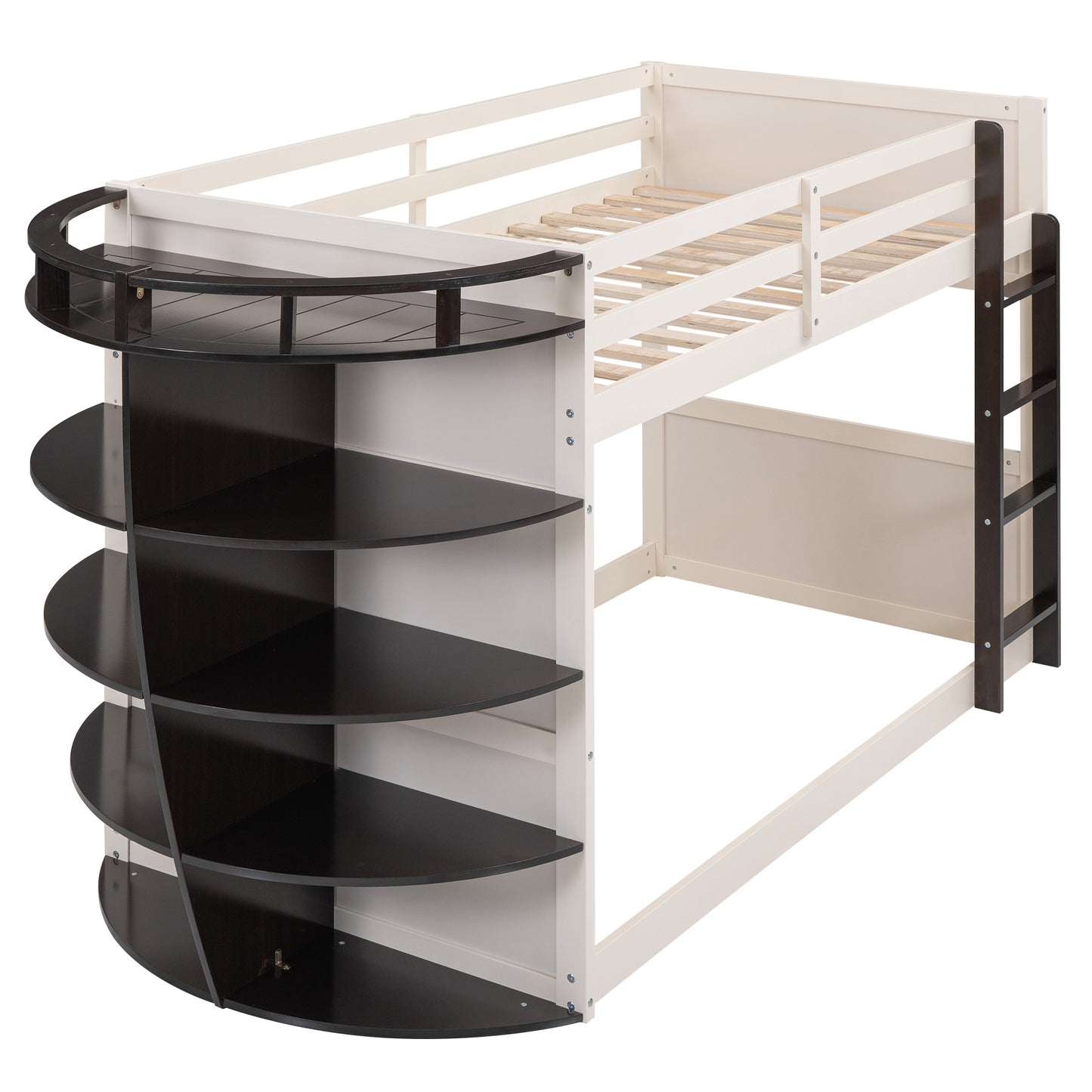Twin over Twin Boat-Like Shape Bunk Bed with Storage Shelves, Cream+Espresso