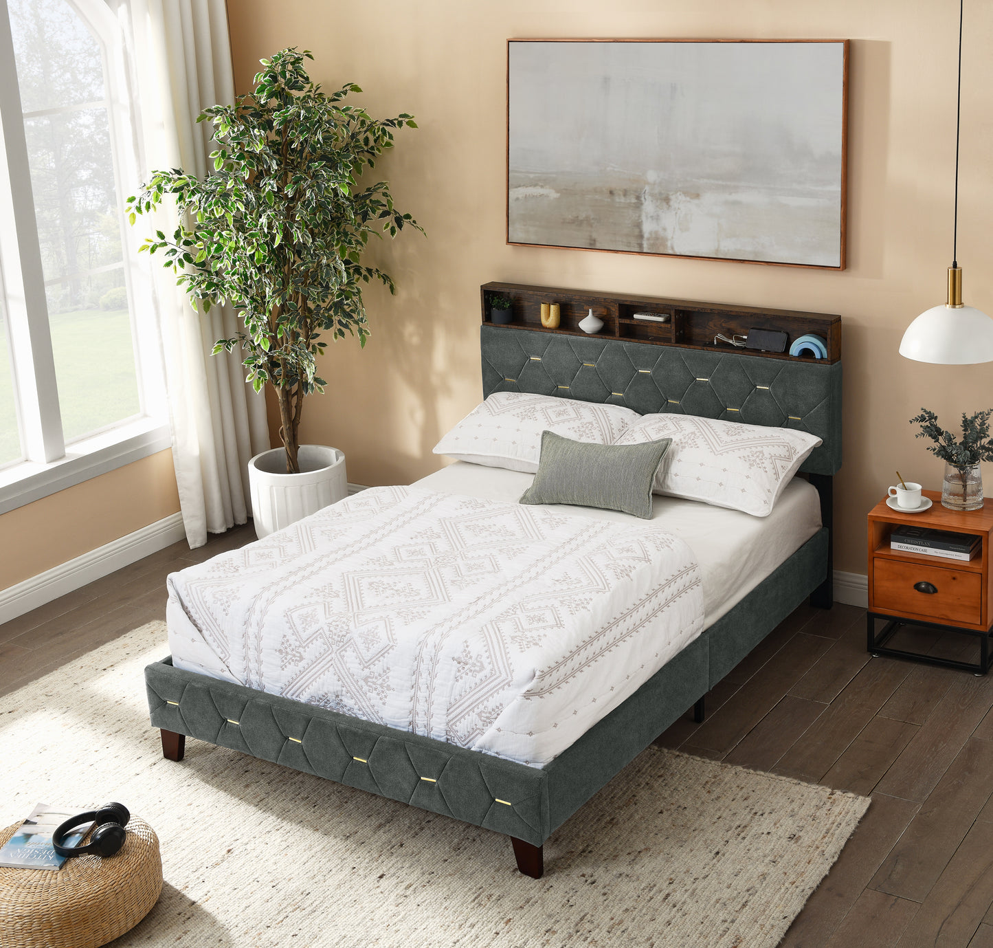 Full Size Bed Frame, Shelf Upholstered Headboard, Platform Bed with Outlet & USB Ports, Wood Legs, No Box Spring Needed, Easy Assembly, Grey