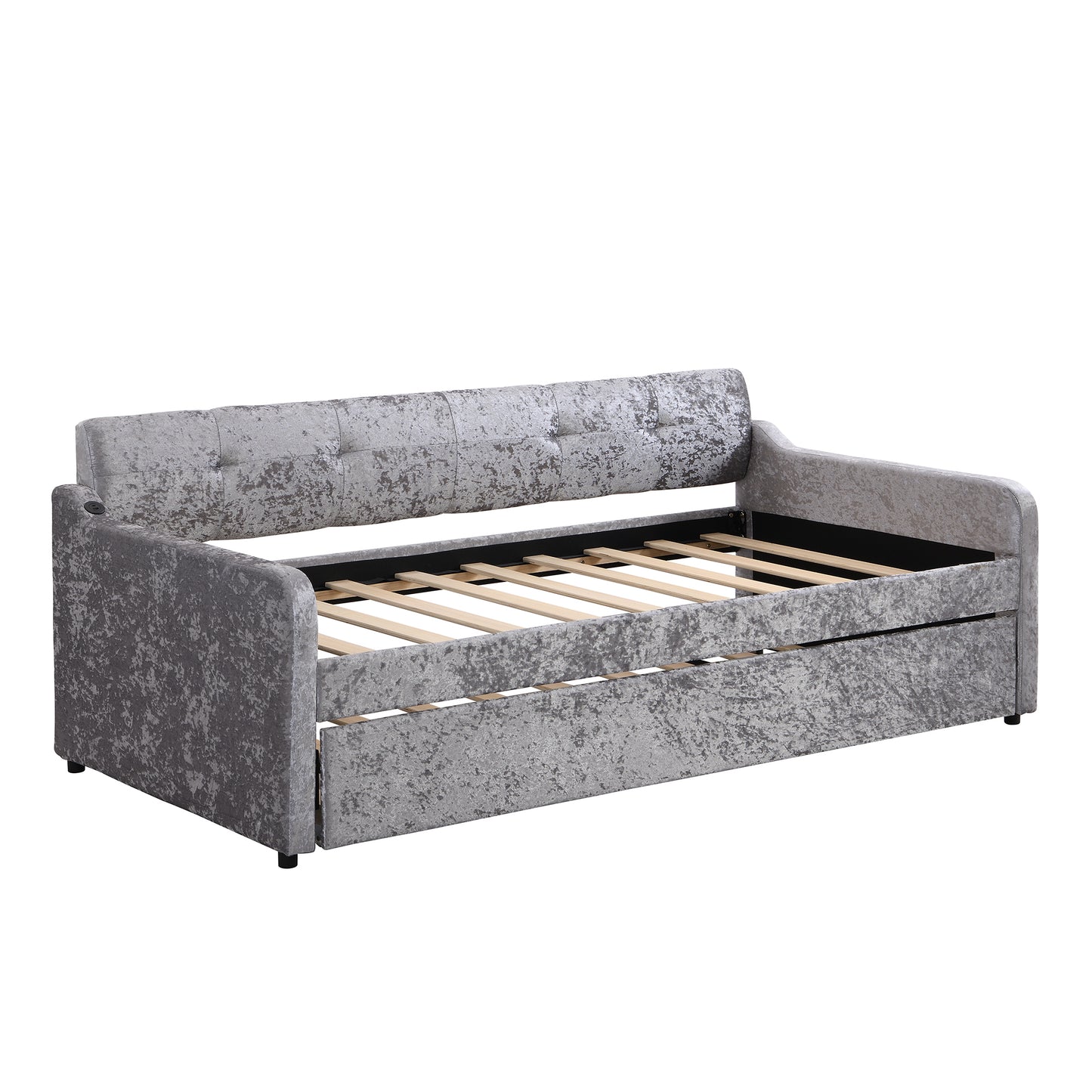 Twin Size Snowflake Velvet Daybed with Trundle and USB Charging Design,Gray