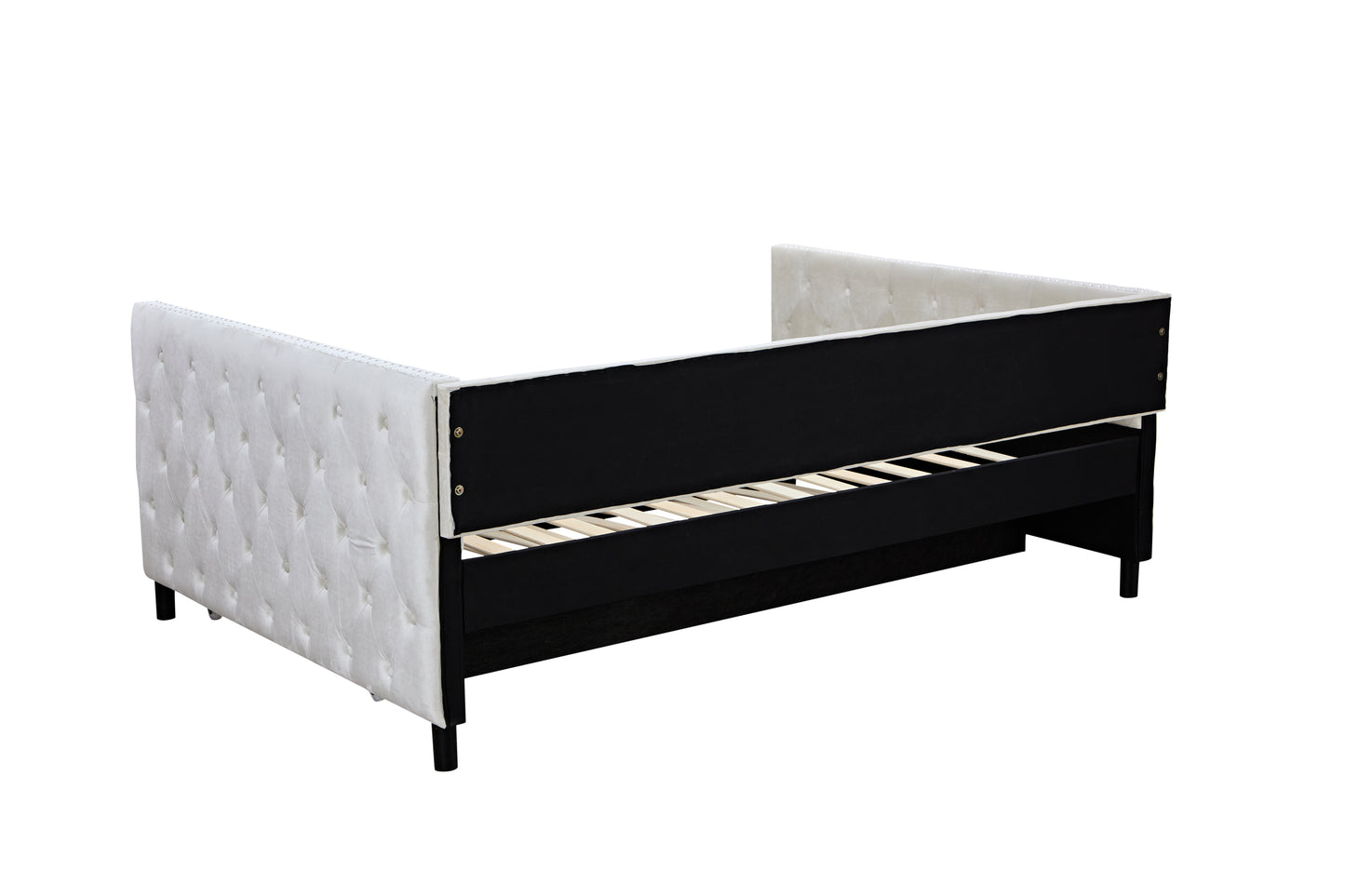 Full Size Beige Velvet Upholstered Daybed with Trundle, Button and Copper Nail on Square Arms (82.75"x58"x30.75")