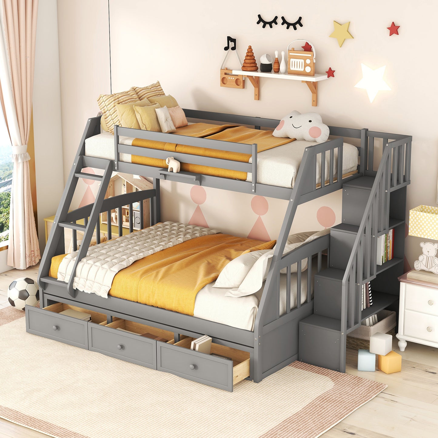 Twin-Over-Full Bunk Bed with Drawers，Ladder and Storage Staircase, Gray