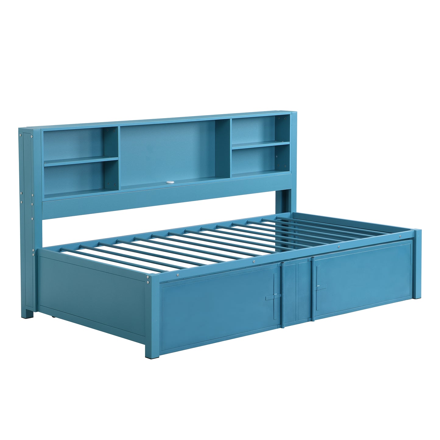 Metal Twin Size Daybed with Twin Size Trundle, Storage Shelves and USB Ports, Blue