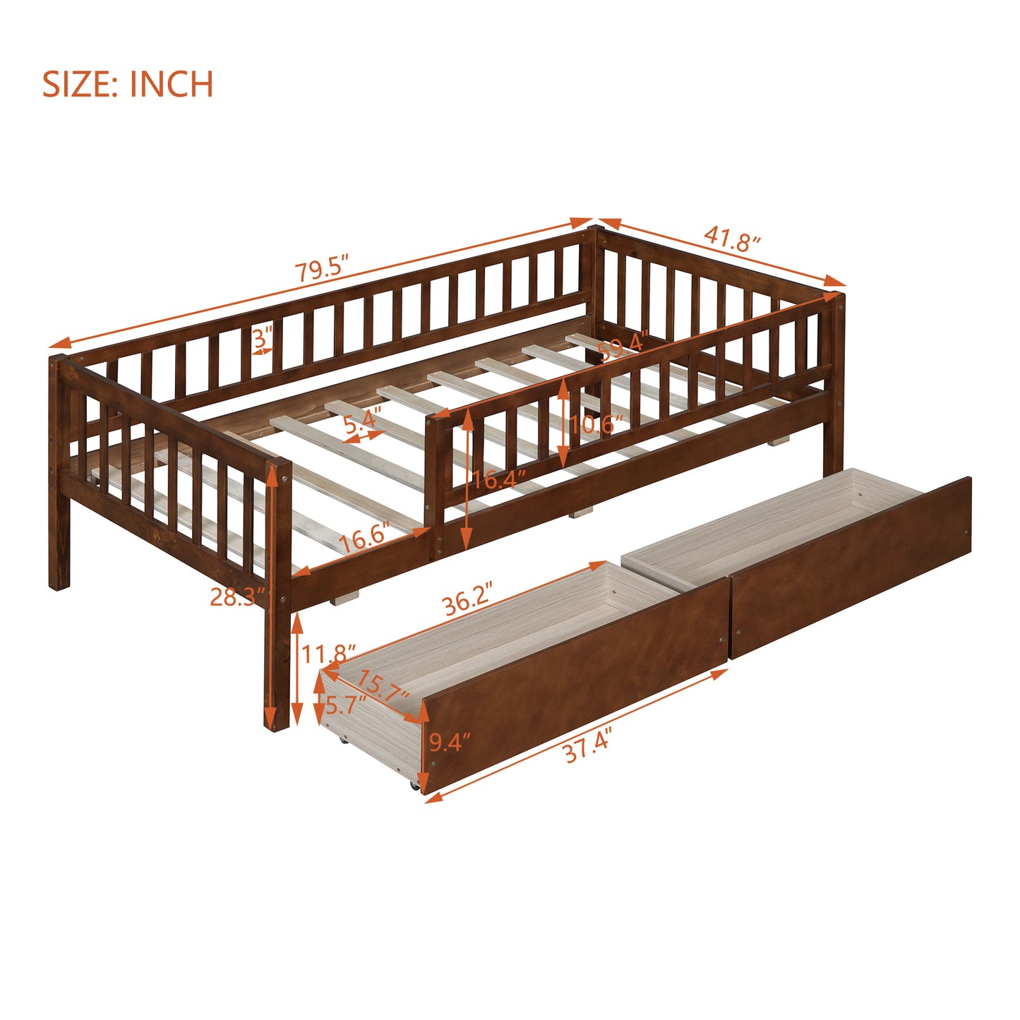 Twin Size Daybed Wood Bed with Two Drawers, Walnut
