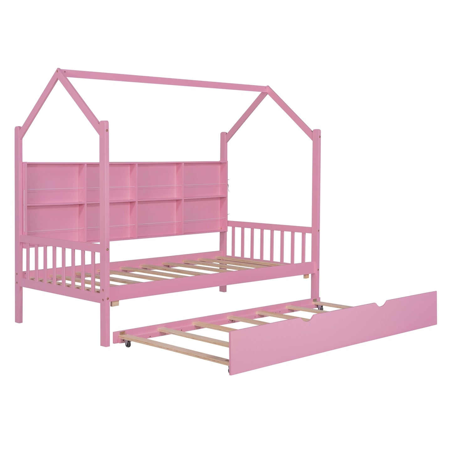 Wooden Twin Size House Platform Bed with Trundle, Kids Bed with Shelf, Pink