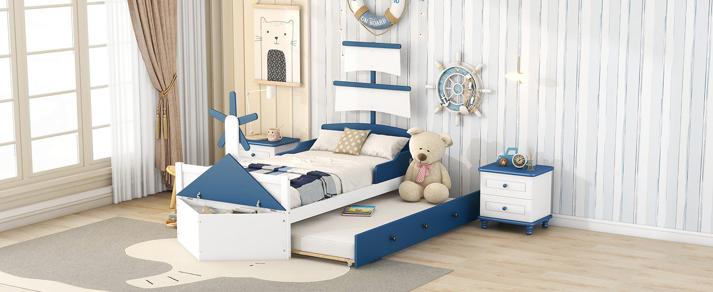 Twin Size Boat-Shaped Platform Bed with Twin size Trundle,Twin Bed with Storage for Bedroom,Blue