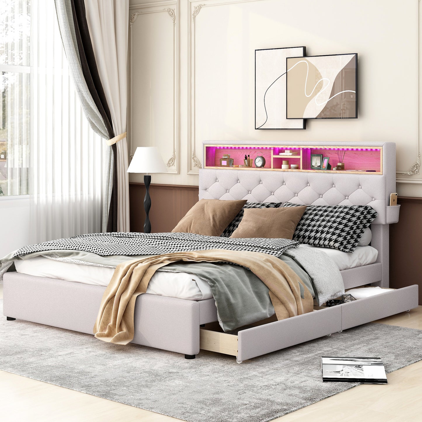 Queen Size Upholstered Platform Bed with Storage Headboard, LED, USB Charging and 2 Drawers, Beige