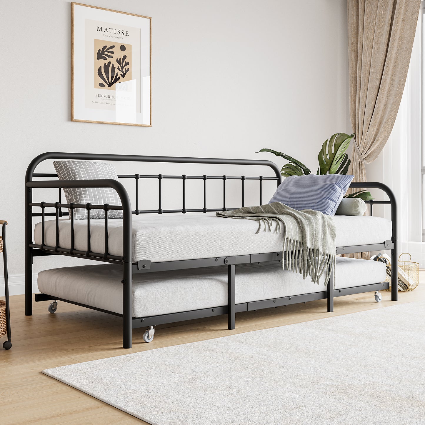 Twin Size Metal Daybed Frame with Trundle, Heavy Duty Steel Slat Support Sofa Bed Platform with Headboard, No Box Spring Needed, Black