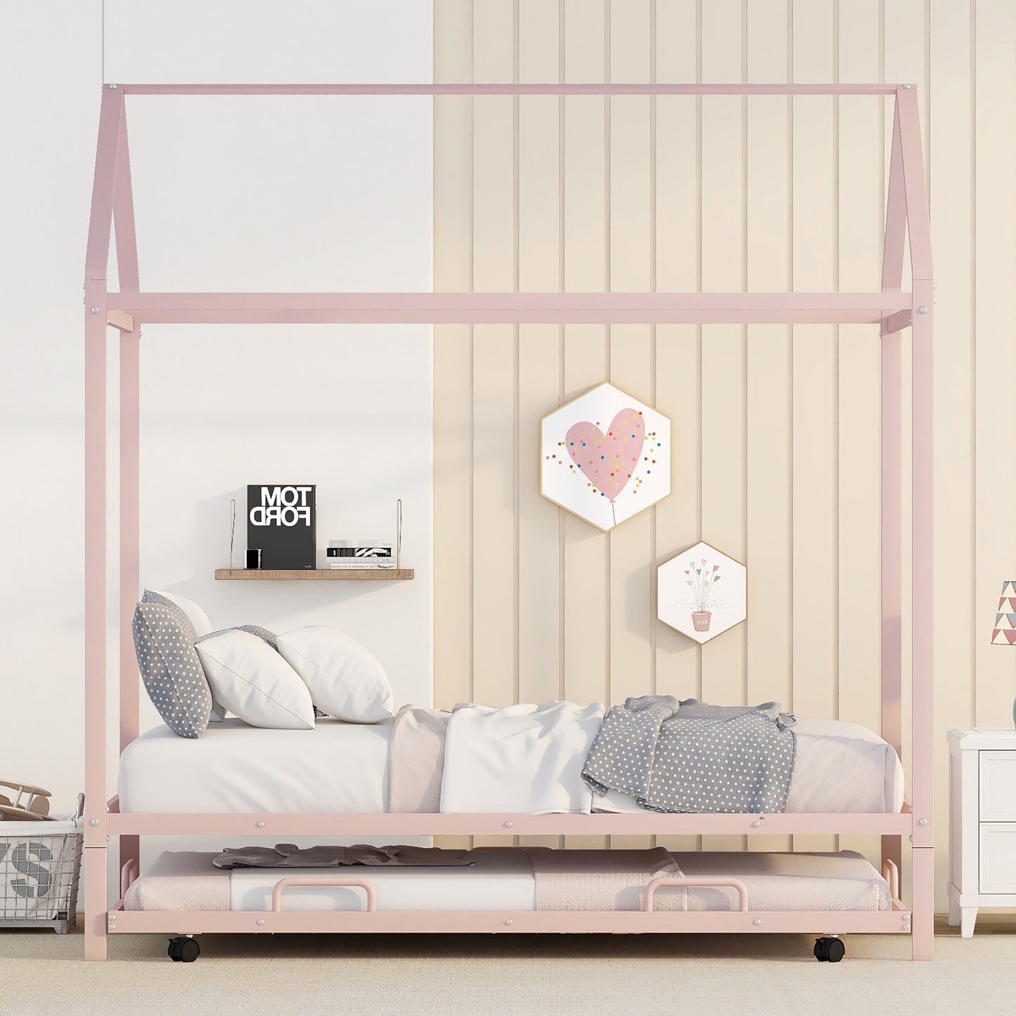 Twin Size Kids House Platform Bed With Trundle, Metal House Bed Pink