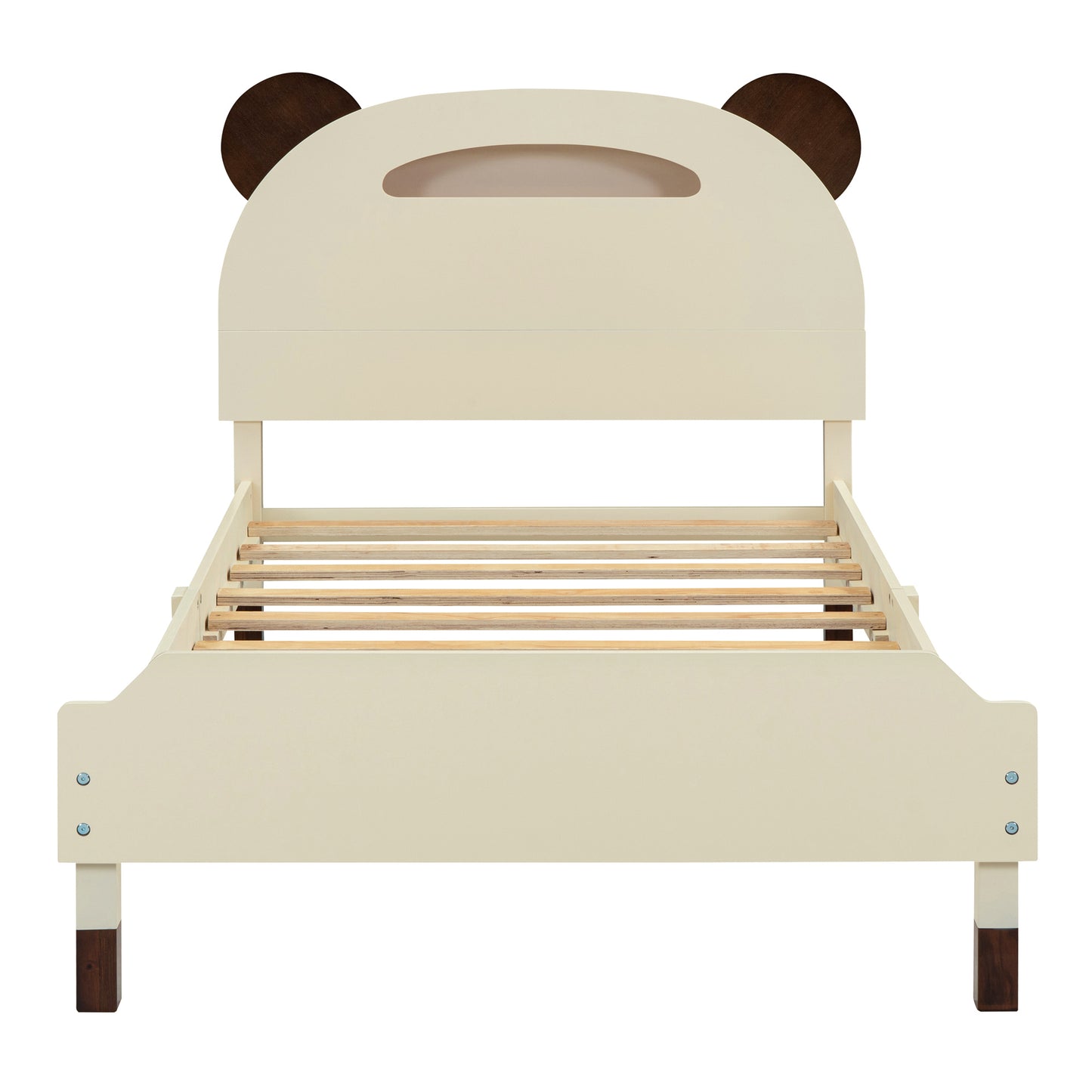 Twin Size Wood Platform Bed with Bear-shaped Headboard,Bed with Motion Activated Night Lights,Cream+Walnut