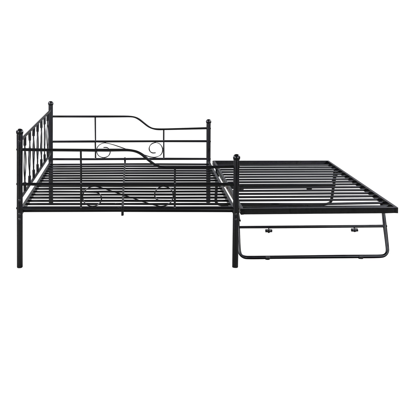 Full Size Metal Daybed with Twin Size Adjustable Trundle, Portable Folding Trundle, Black