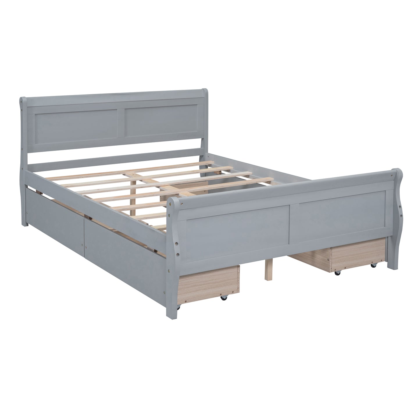 Full Size Wood Platform Bed with 4 Drawers and Streamlined Headboard & Footboard, Gray