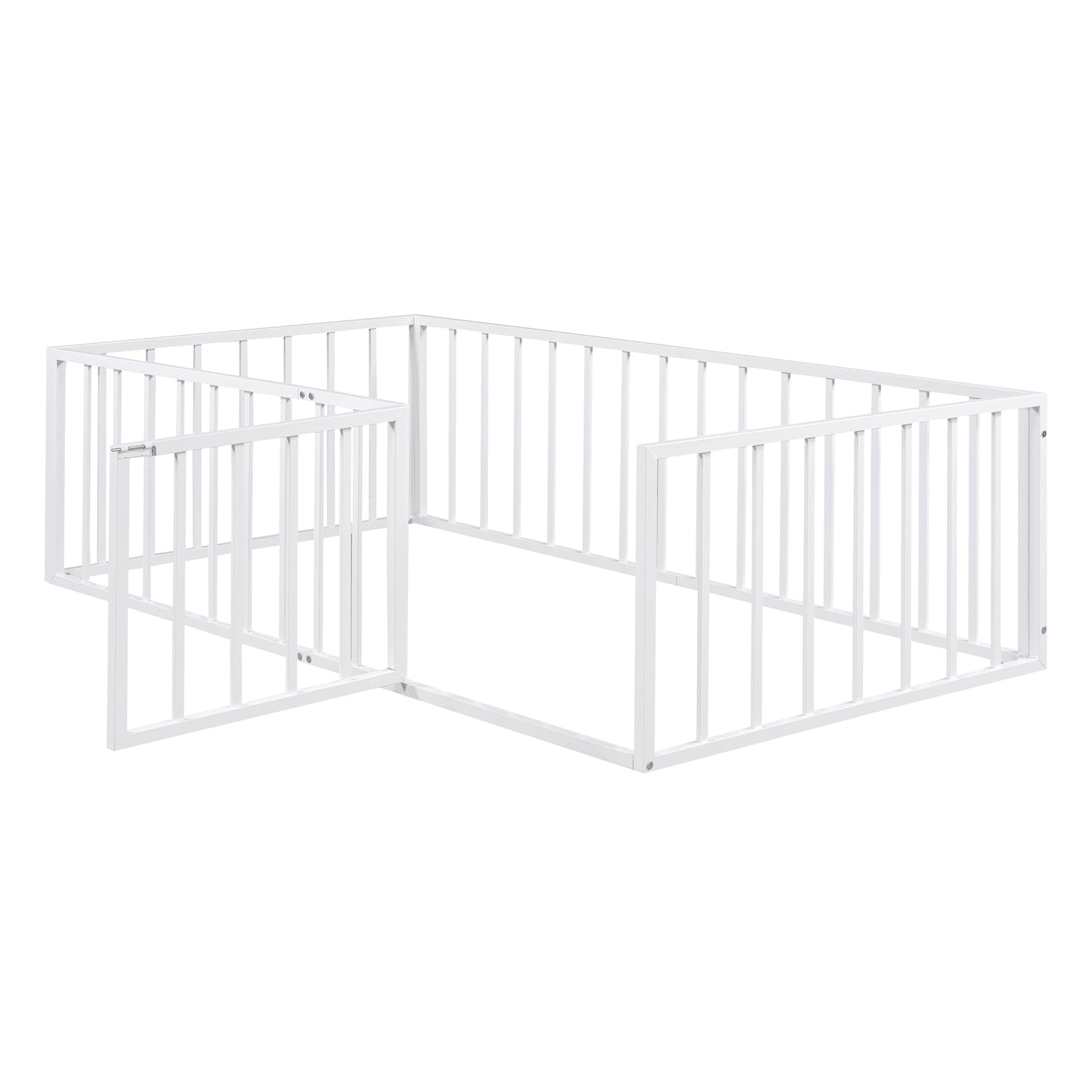 Twin Size Metal Floor Bed Frame with Fence and Door, White