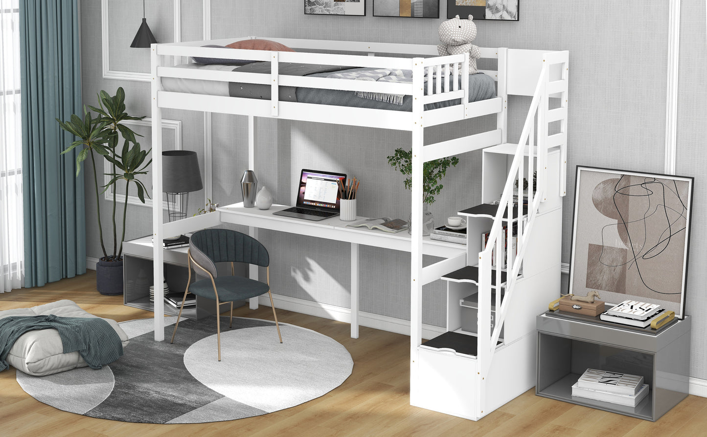 Twin Size Loft Bed with Storage Staircase and Built-in Desk, White
