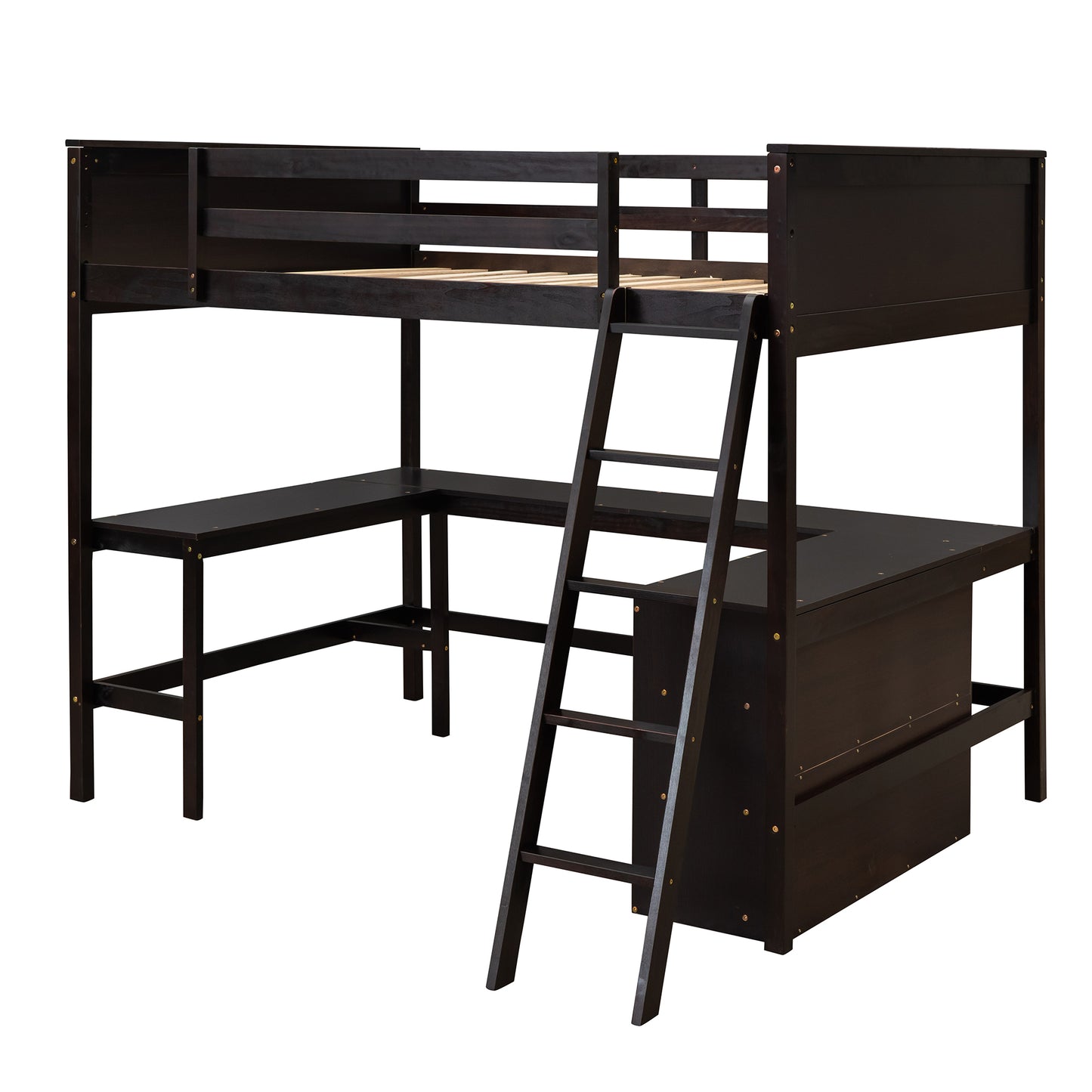 Full size Loft Bed with Shelves and Desk, Wooden Loft Bed with Desk - Espresso