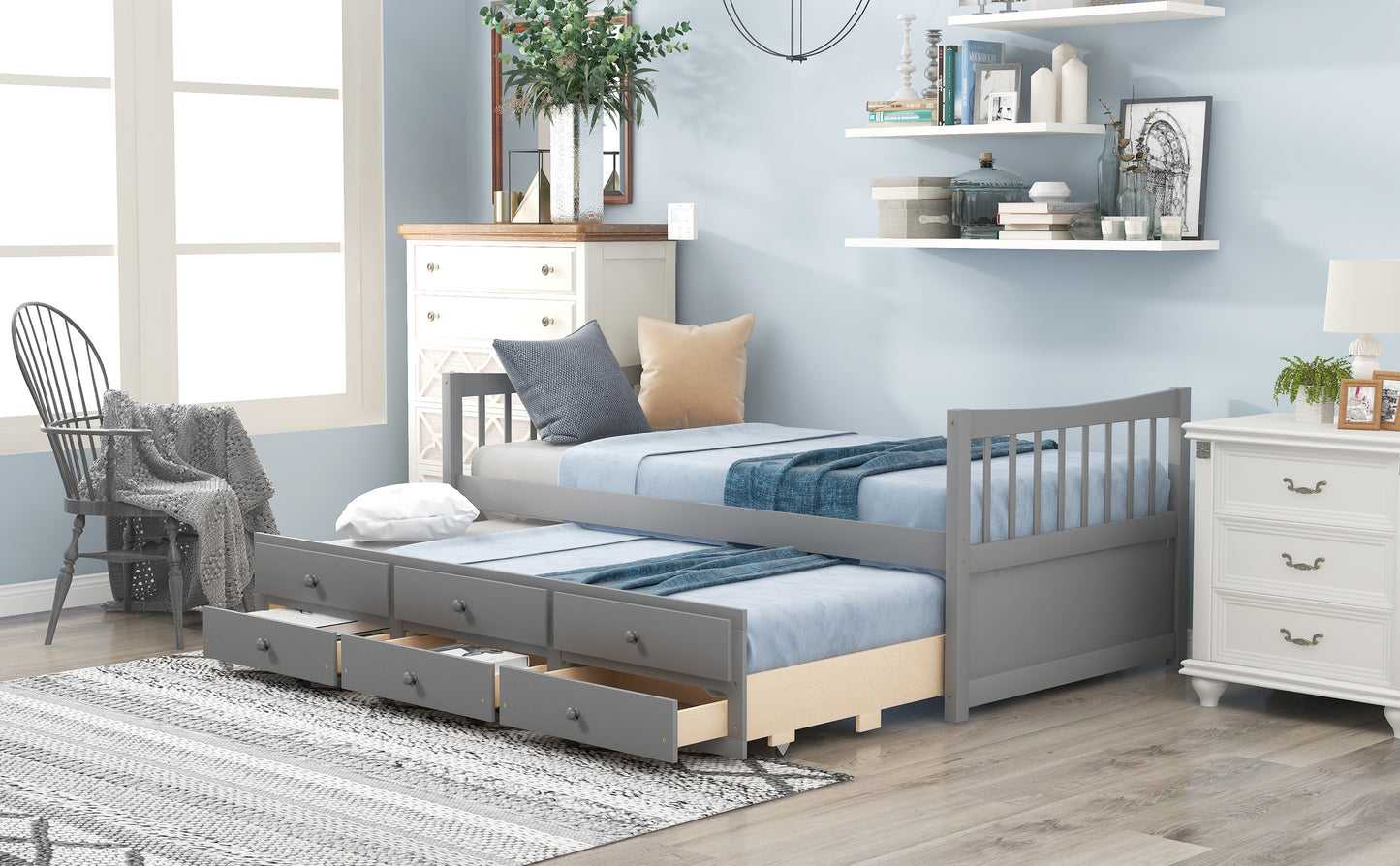Daybed with Trundle and Drawers, Twin Size, Gray
