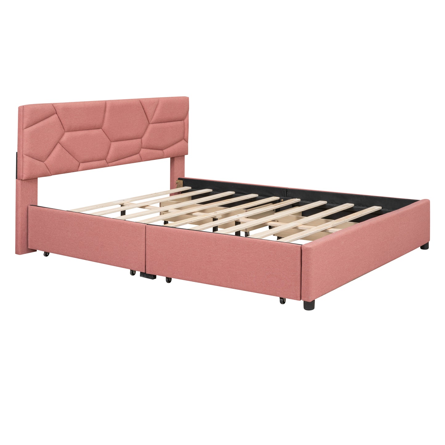 Queen Size Upholstered Platform Bed with Brick Pattern Headboard and 4 Drawers, Linen Fabric, Pink