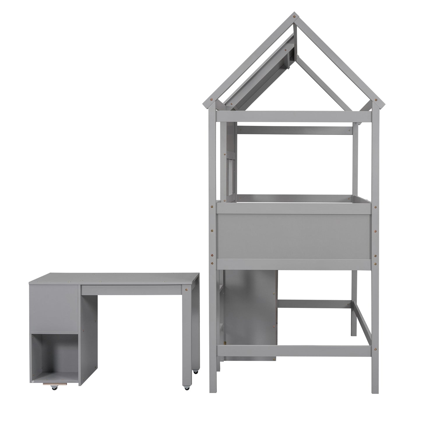 Twin Size House Loft Bed with Storage Desk and 3 Drawer Chest, Gray
