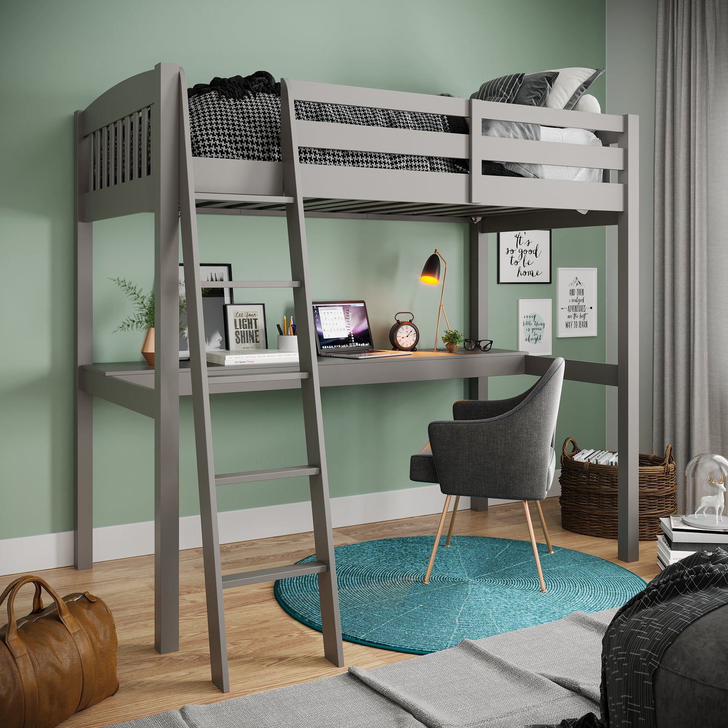 Yes4Wood Everest Grey High Loft Bed with Desk and Storage, Space Saver Full Size Kids Loft Bed with Stairs for Toddlers Assembled in Sturdy Solid Wood, No Box Spring Needed