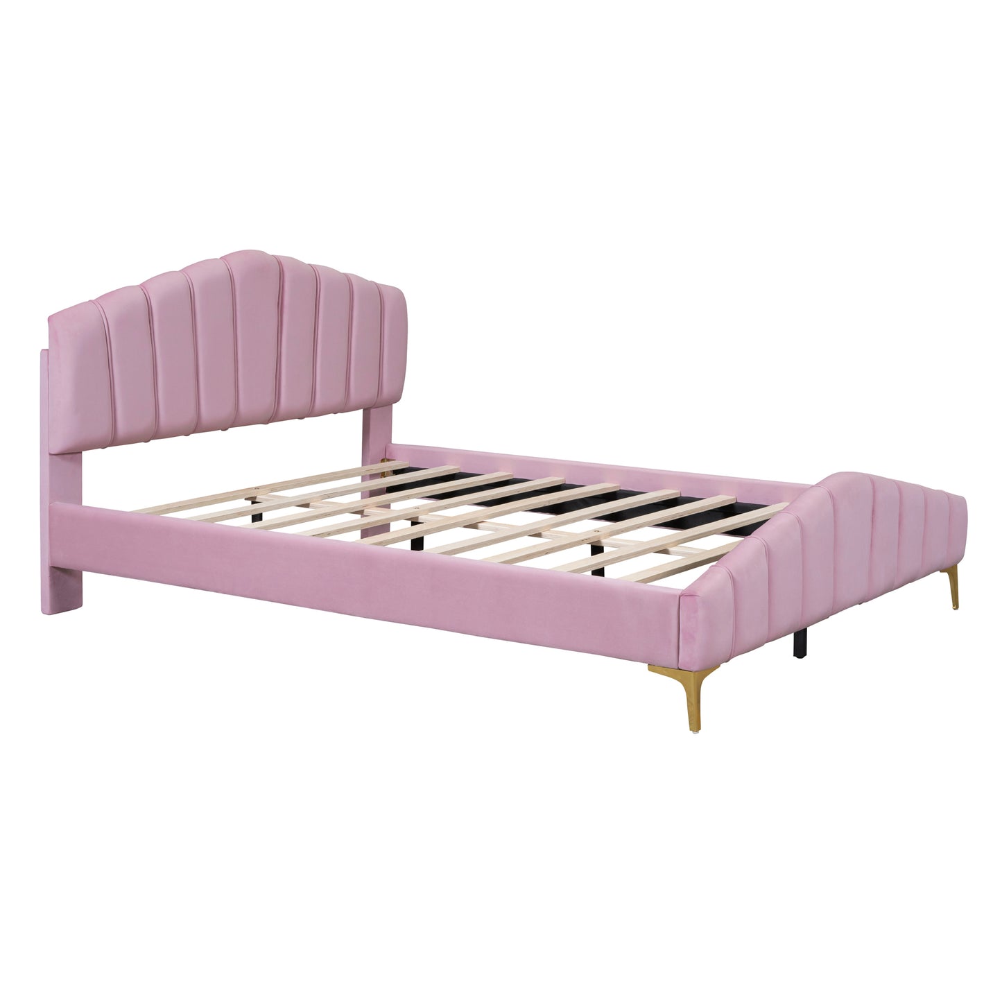 Queen Size Velvet Platform Bed with Thick Fabric, Stylish Stripe Decorated Bedboard and Elegant Metal Bed Leg, Pink
