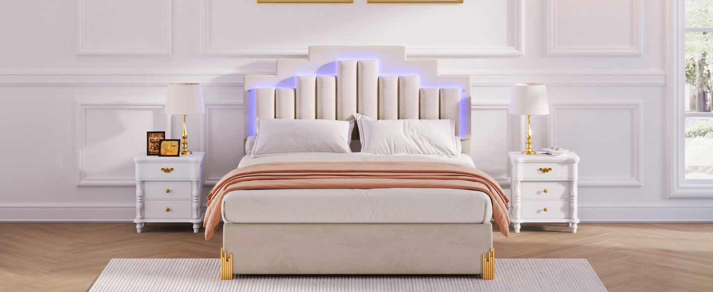 Queen Size Upholstered Platform Bed with LED Lights and 4 Drawers, Stylish Irregular Metal Bed Legs Design, Beige