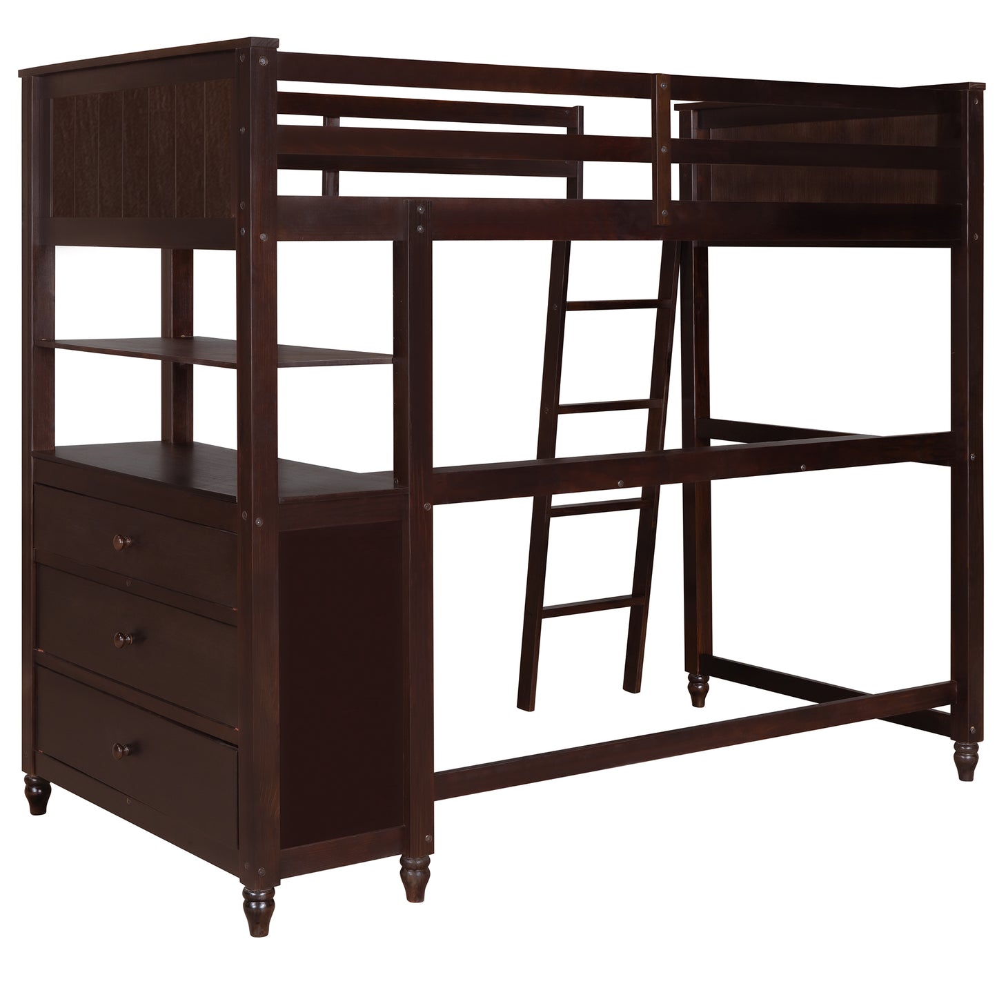 Twin size Loft Bed with Drawers and Desk, Wooden Loft Bed with Shelves - Espresso