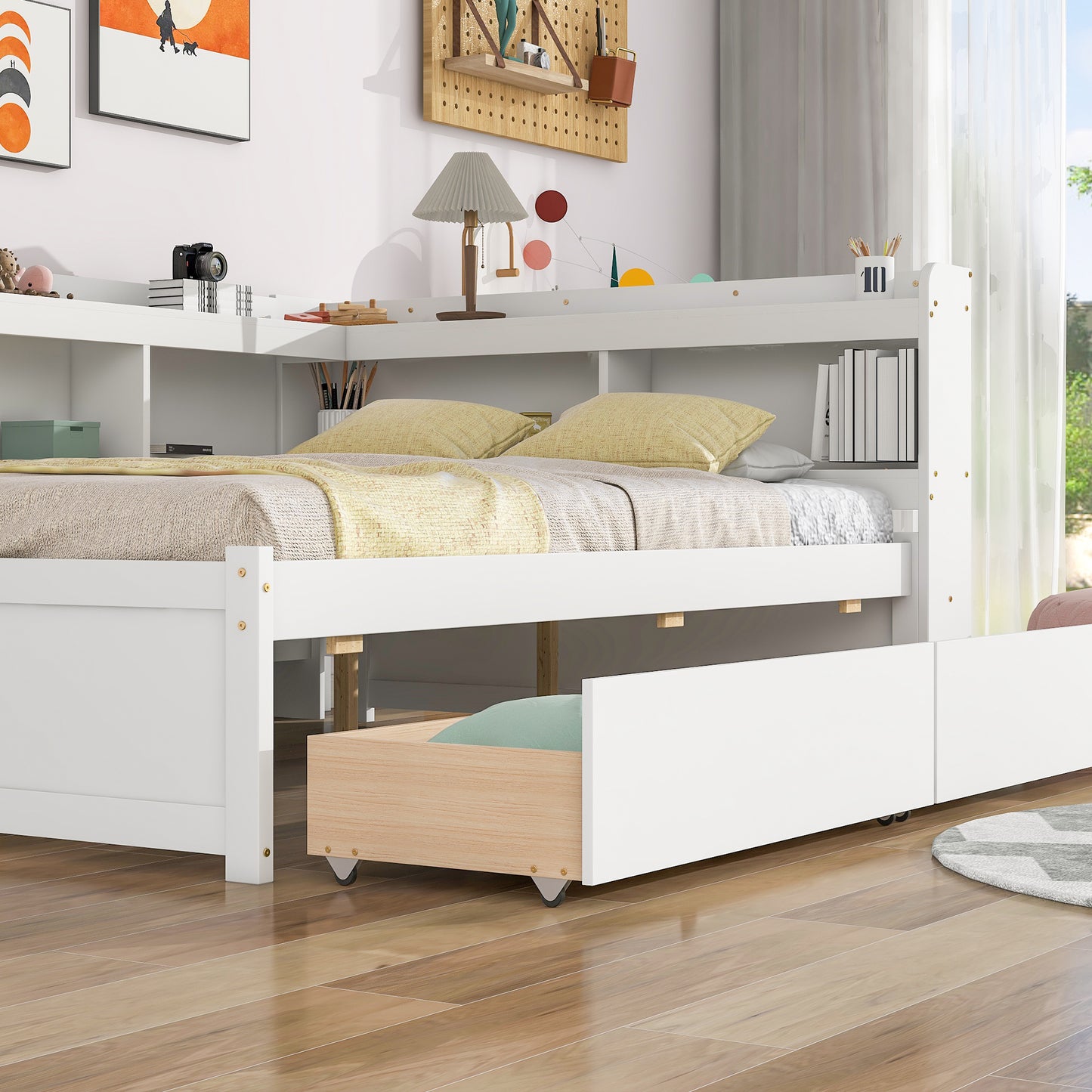 Full Size Platform Bed with L-shaped Bookcases, Drawers, White