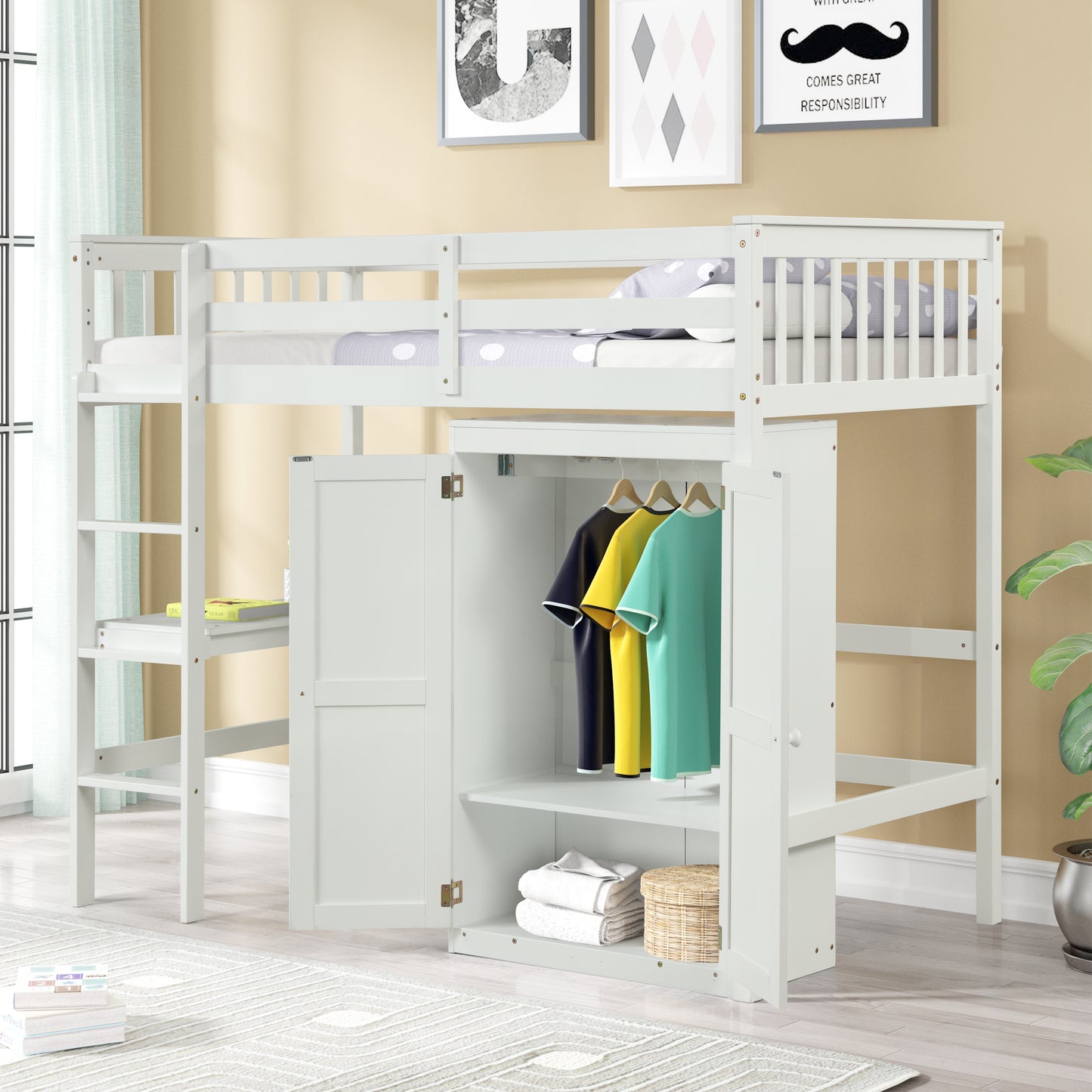 TWIN LOFT BED WITH DESK AND WARDROBE FOR WHITE COLOR