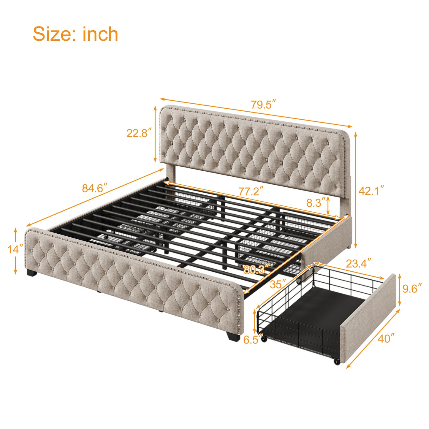 Upholstered Platform Bed Frame with Four Drawers, Button Tufted Headboard and Footboard Sturdy Metal Support, No Box Spring Required, Beige, King