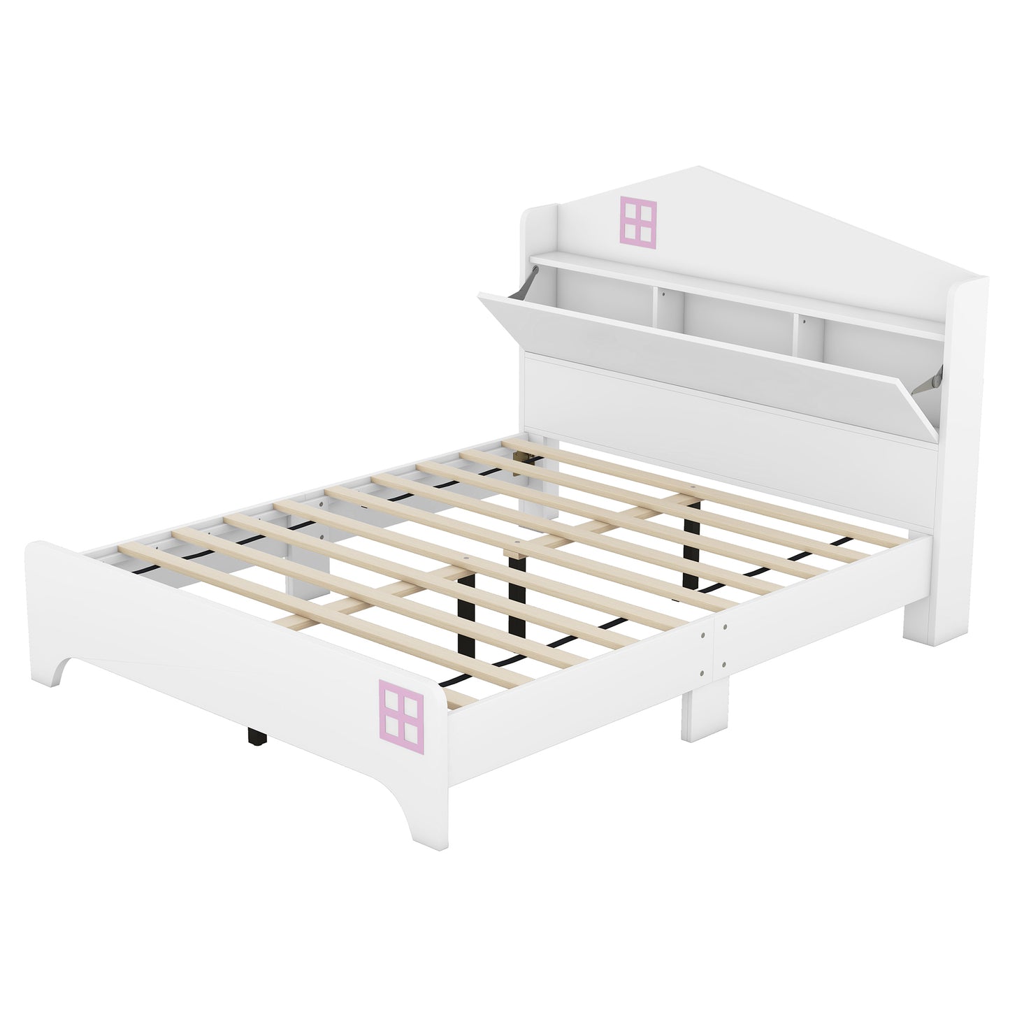 Wooden Full Size House Platform Bed with Storage Headboard ,Kids Bed with Storage Shelf,White