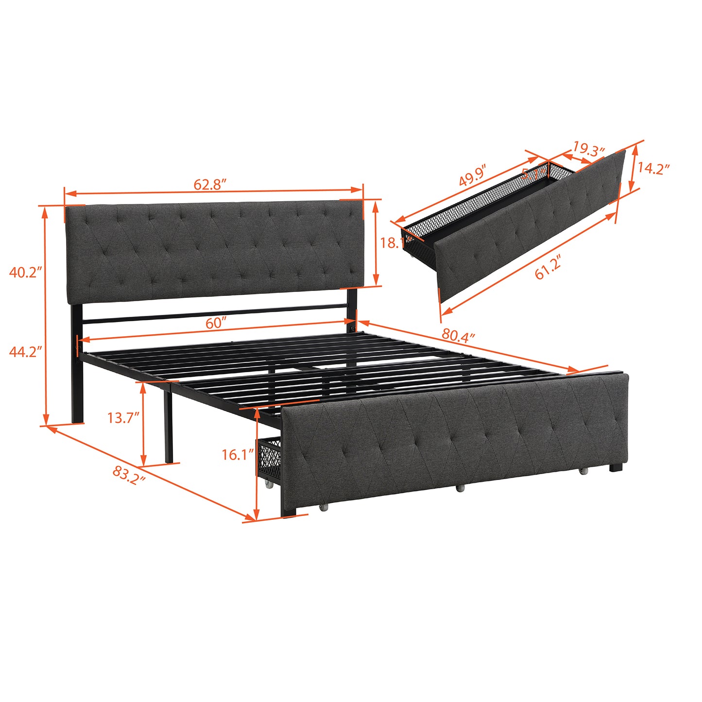 Queen Size Storage Bed Metal Platform Bed with a Big Drawer - Gray