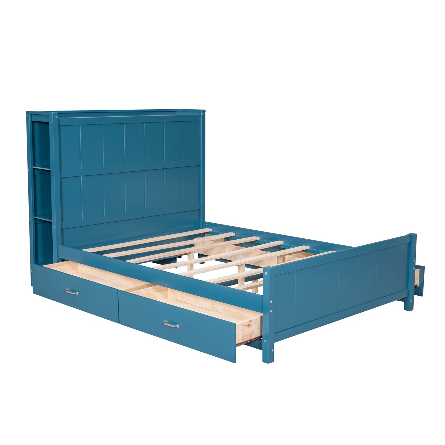 Full Size Platform Bed with Drawers and Storage Shelves, Blue