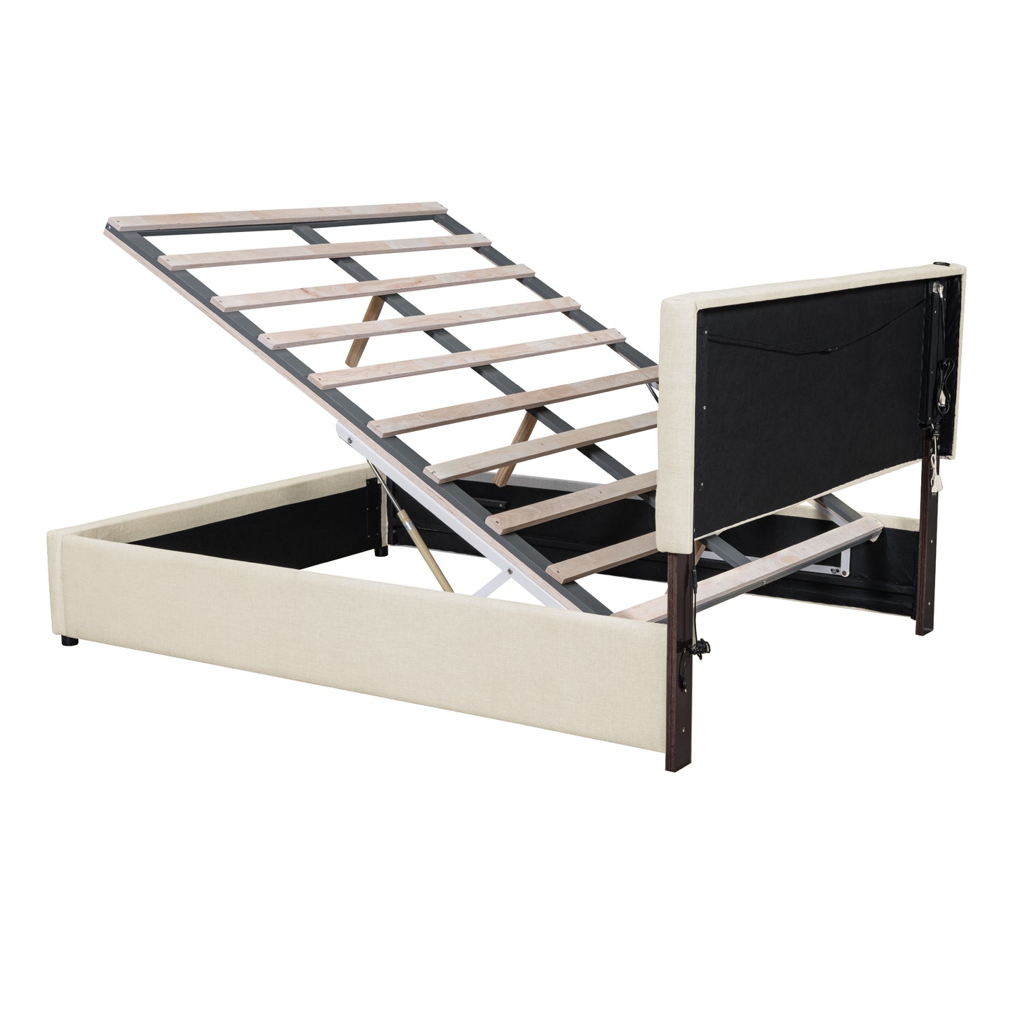 Queen Size Upholstered Platform Bed with Hydraulic Storage System and LED Light, Beige