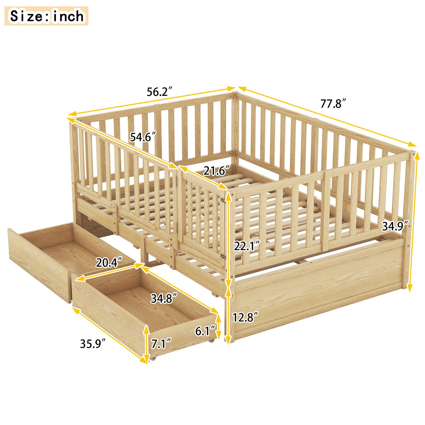 Full Size Wood Daybed with Fence Guardrails and 2 Drawers, Split into Independent Floor Bed & Daybed, Natural