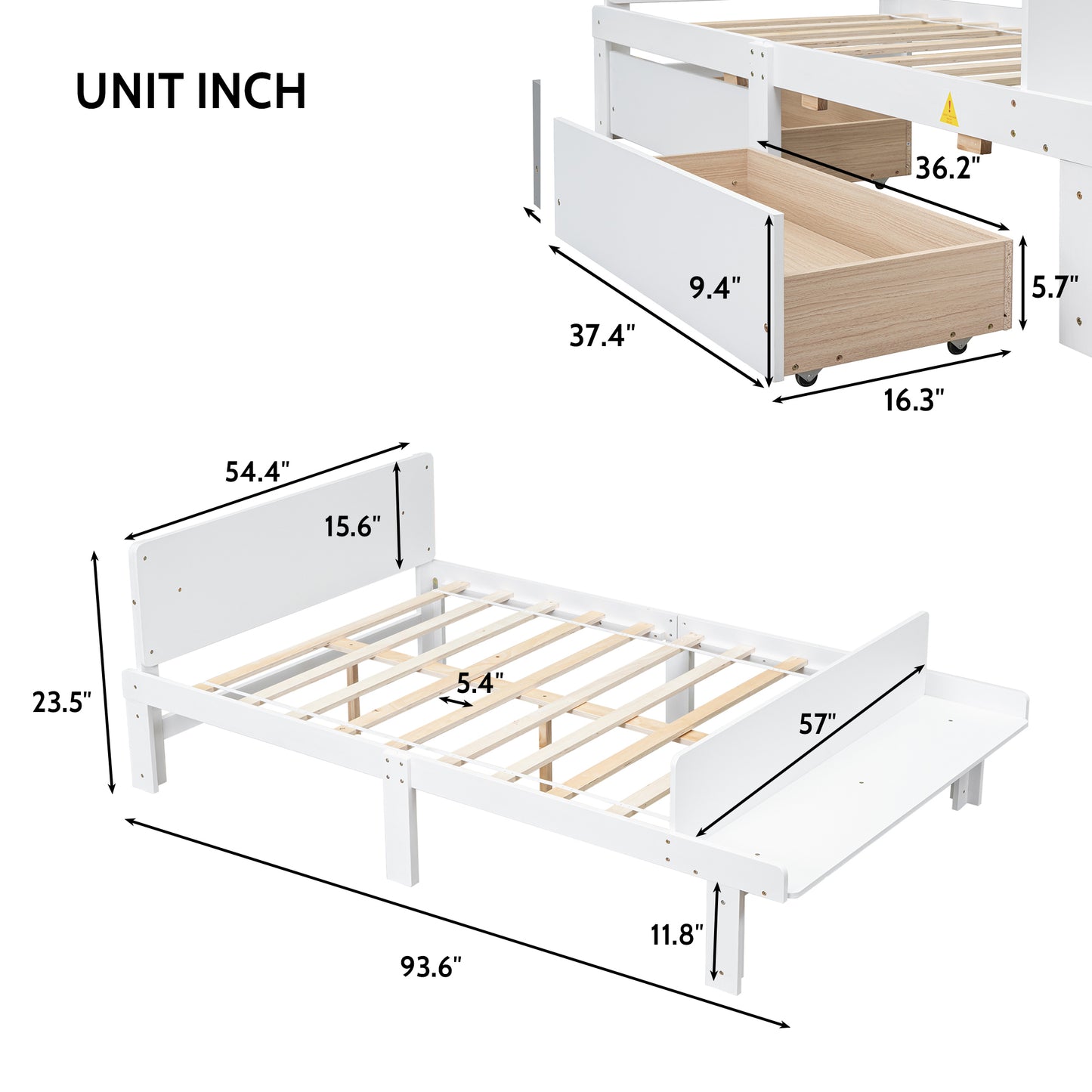 Full Platform Bed with Footboard Bench,2 drawers,White