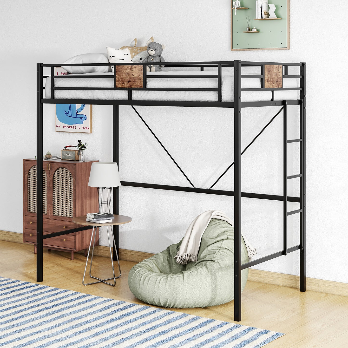 Metal Twin Loft Bed Frame with Stairs & Full-Length Guardrail, Space-Saving Design, No Box Spring Needed,, Noise Free, Black