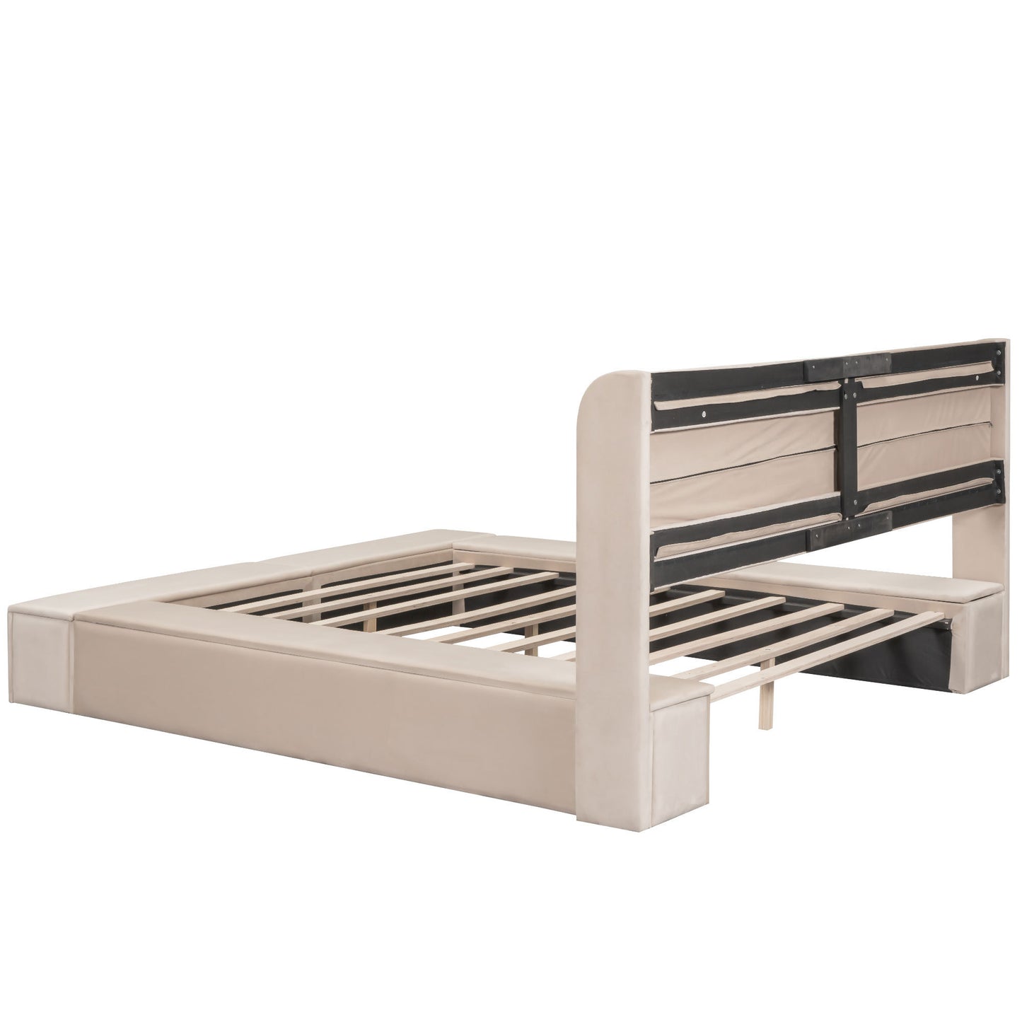 Queen Size Upholstery Storage Platform Bed with Storage Space on both Sides and Footboard, Beige