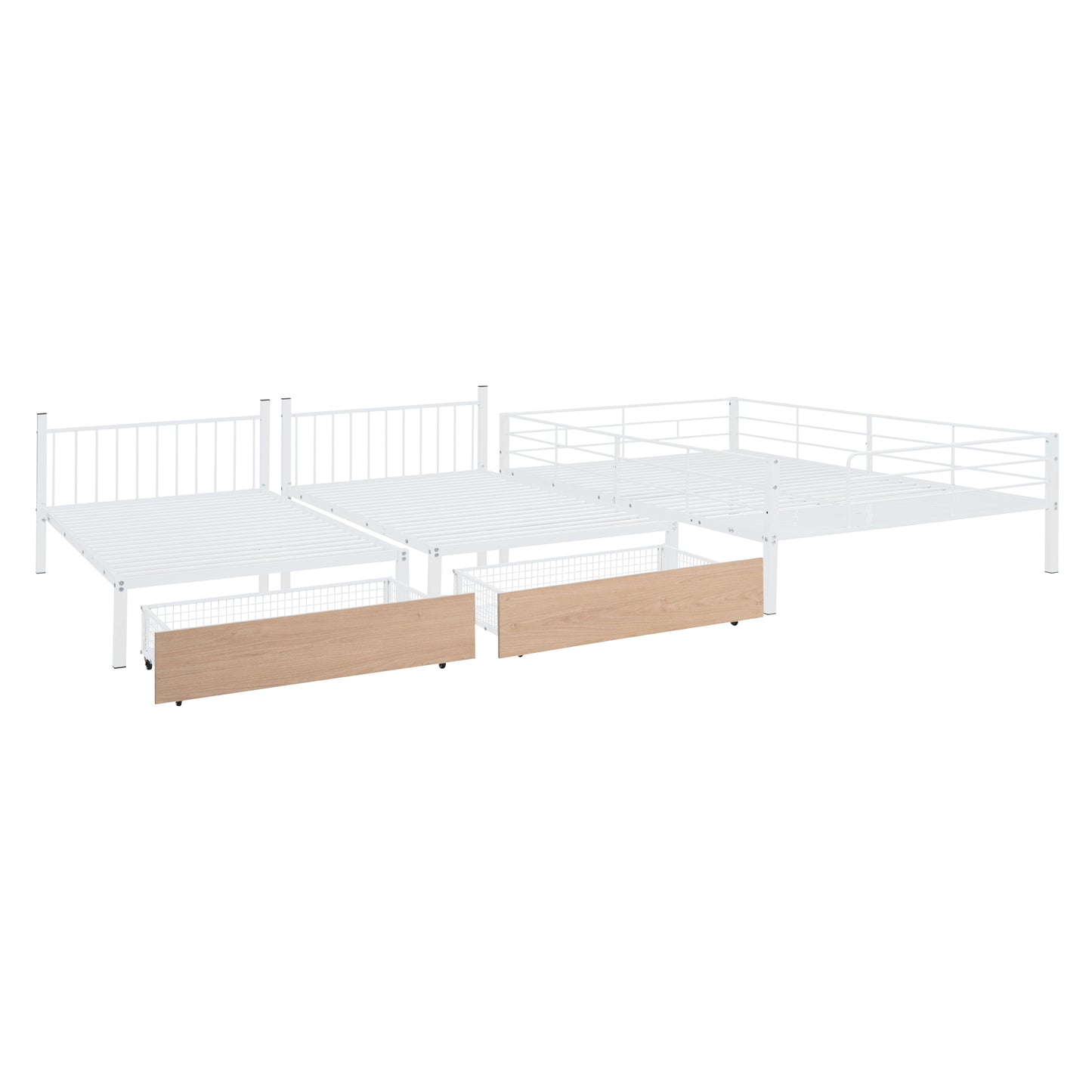 Full Over Twin & Twin Triple Bunk Bed with Drawers, Multi-functional Metal Frame Bed with desks and shelves in the middle, White