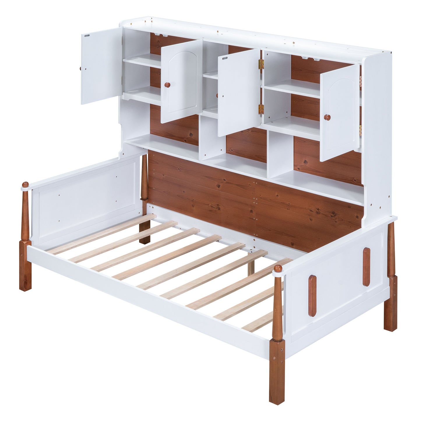 Twin Size Platform Bed with Multiple Storage, White+Walnut
