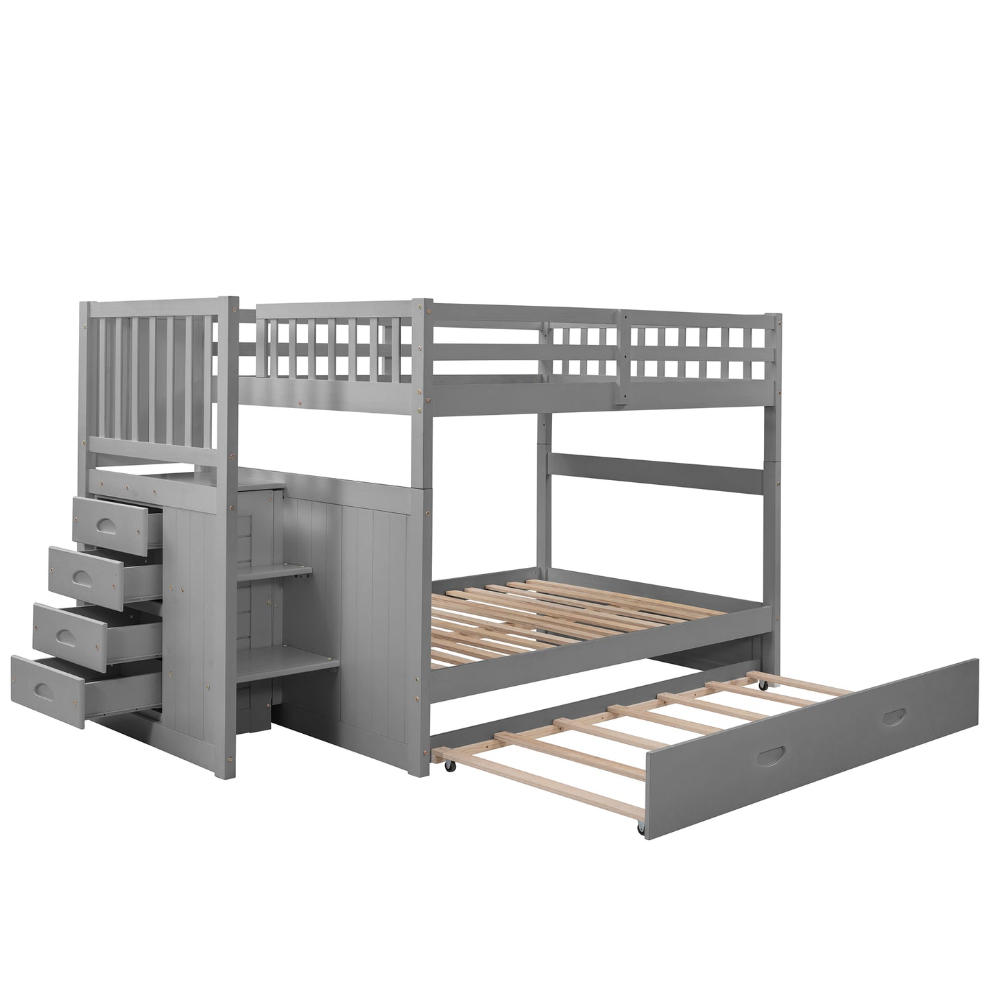 Full over Full Bunk Bed with Twin Size Trundle, Gray