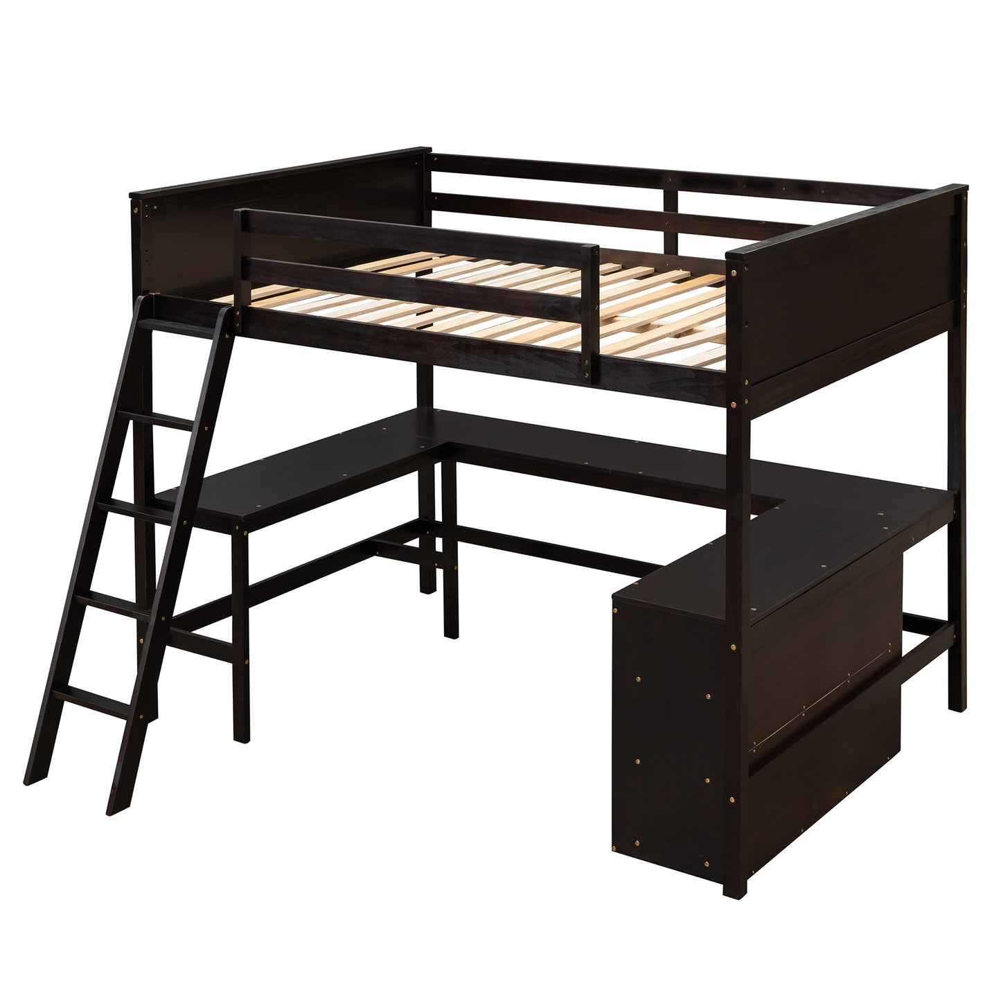 Full size Loft Bed with Shelves and Desk, Wooden Loft Bed with Desk - Espresso