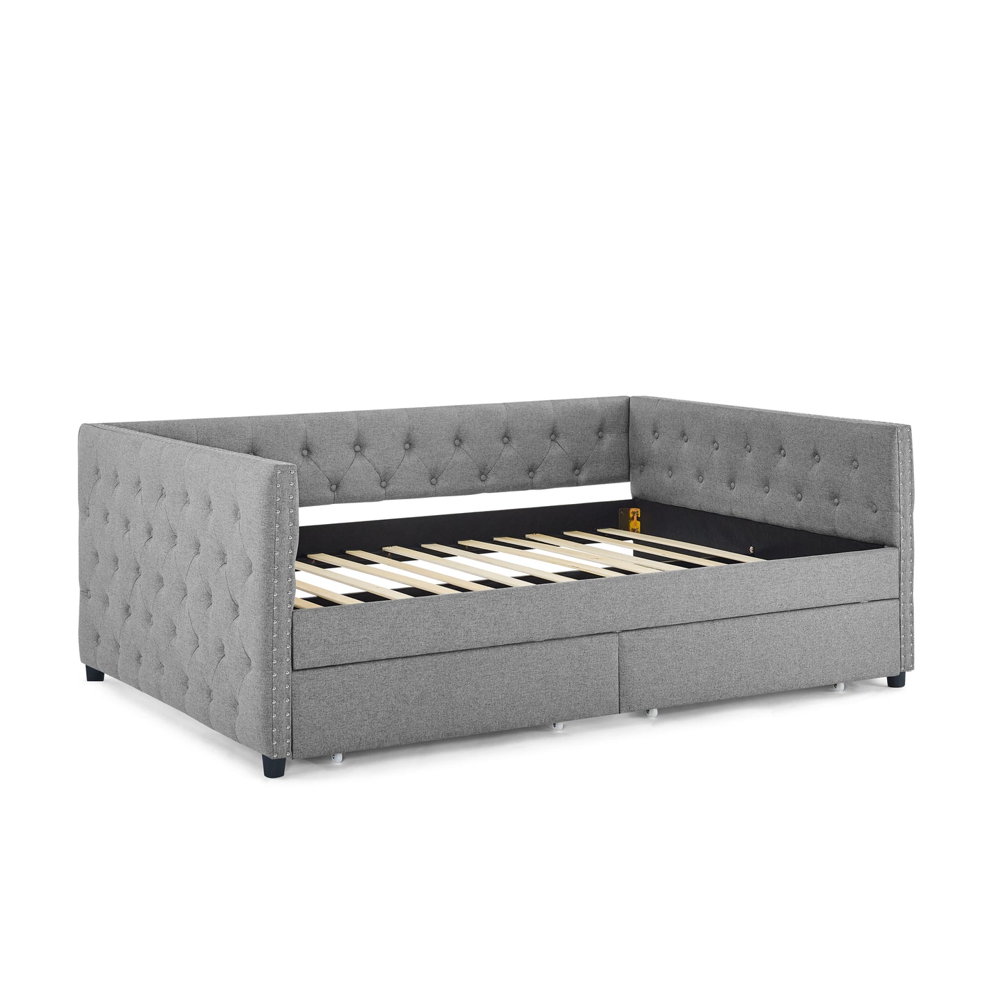 Upholstered Full Size Daybed with Two Drawers, with Button and Copper Nail on Square Arms, Grey (82.75''x58''x30.75'')
