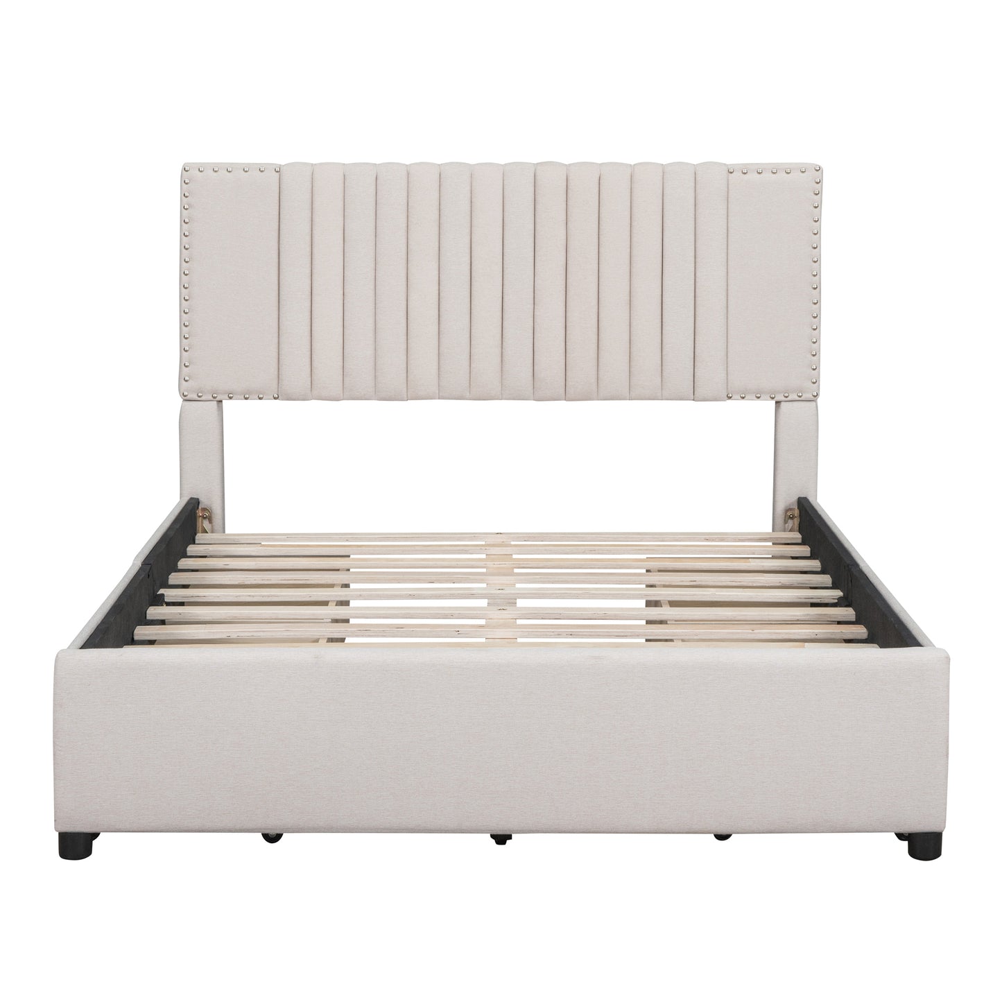 Full Size Upholstered Platform Bed with Classic Headboard and 4 Drawers, Linen Fabric, Beige