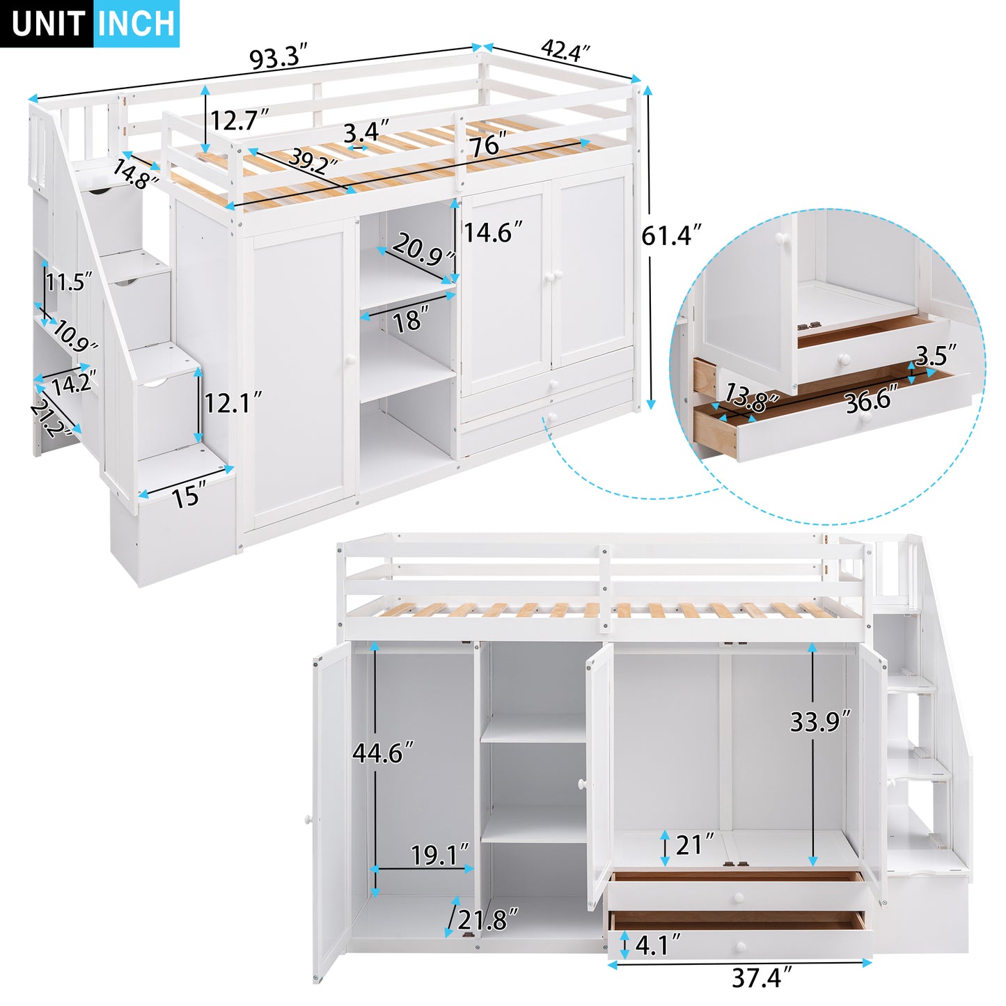 Functional Loft Bed with 3 Shelves, 2 Wardrobes and 2 Drawers,  Ladder with Storage, No Box Spring Needed, White