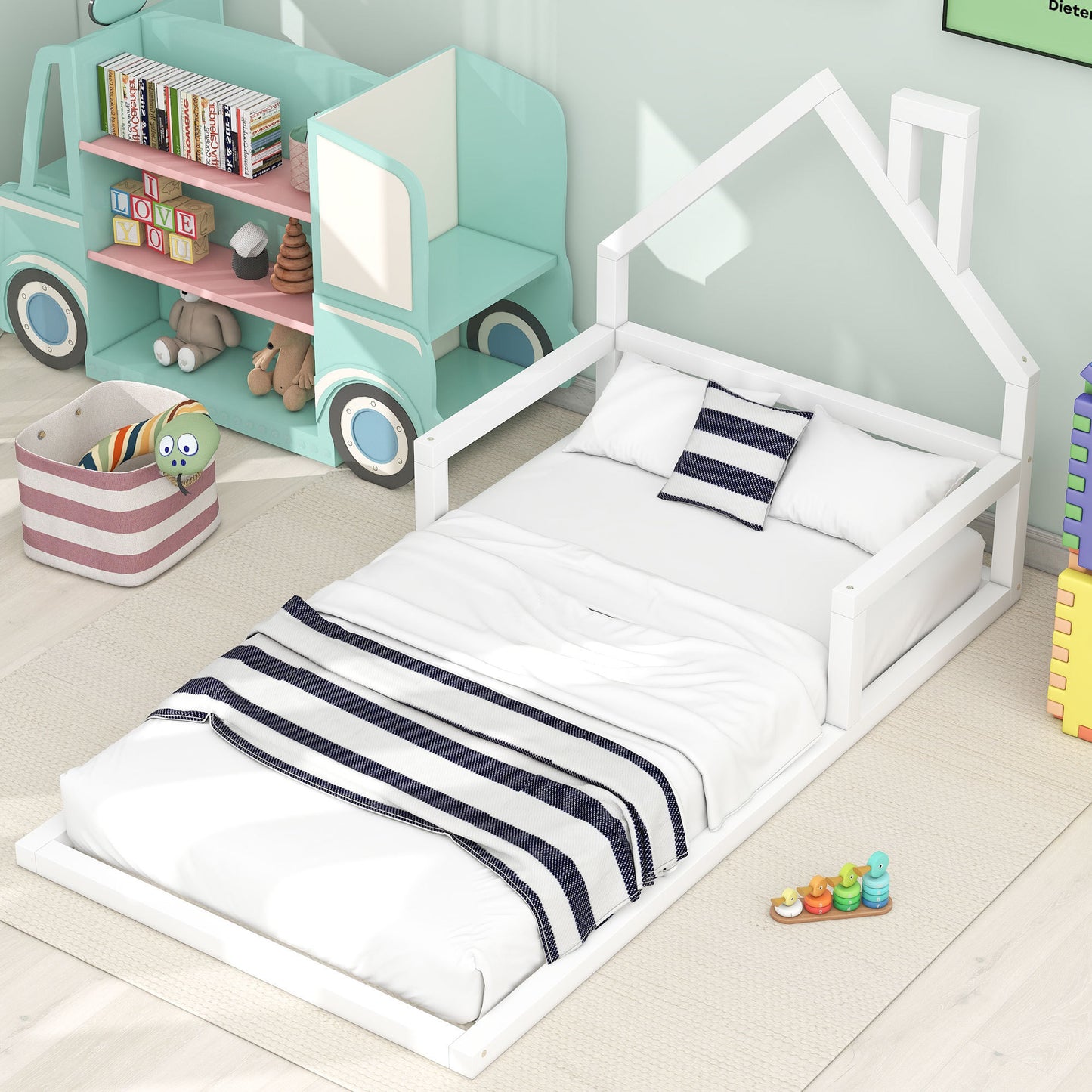 Twin Size Wood Floor Platform Bed with House-shaped Headboard, White