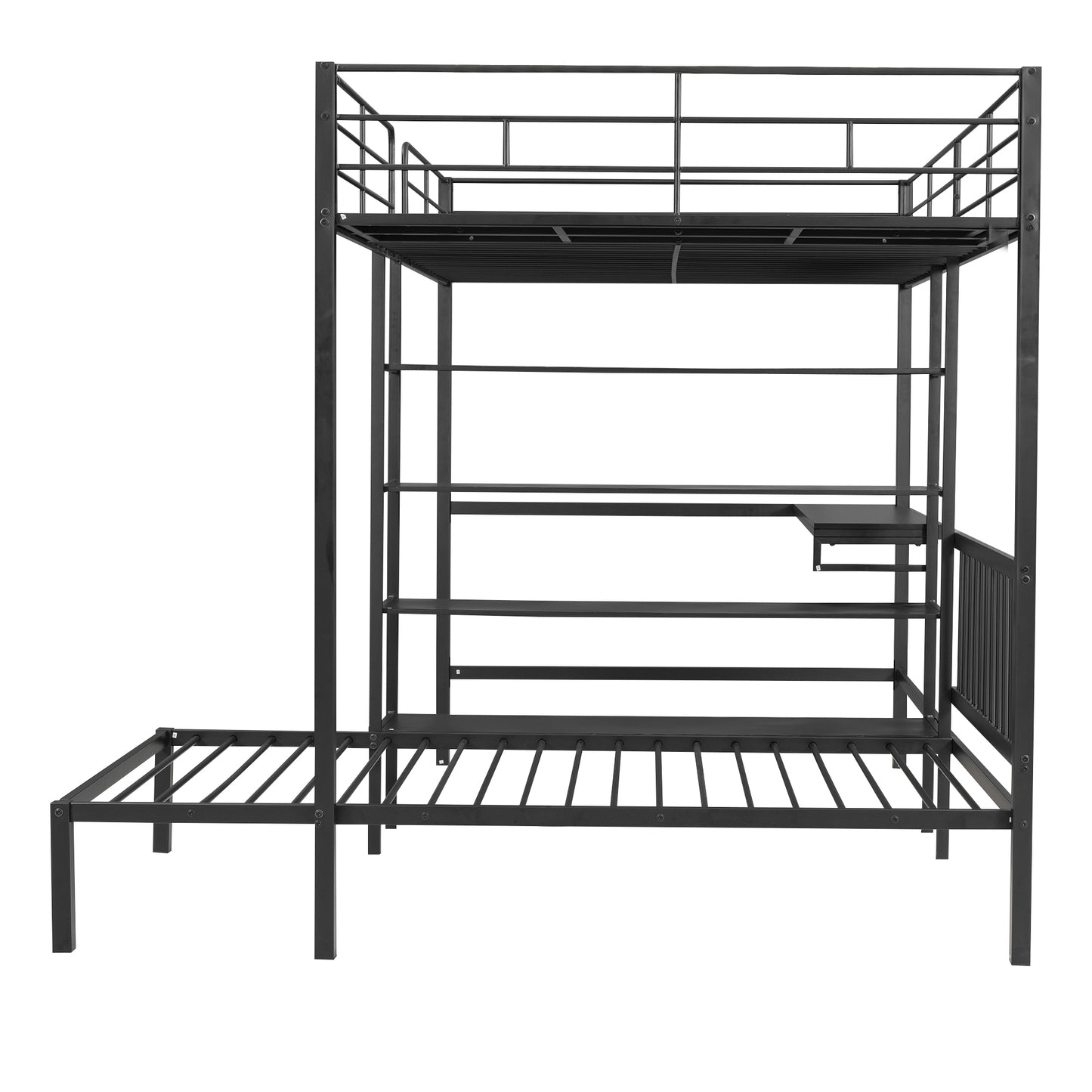 Full Over Twin Metal Bunk Bed with Built-in Desk, Shelves and Ladder, Black
